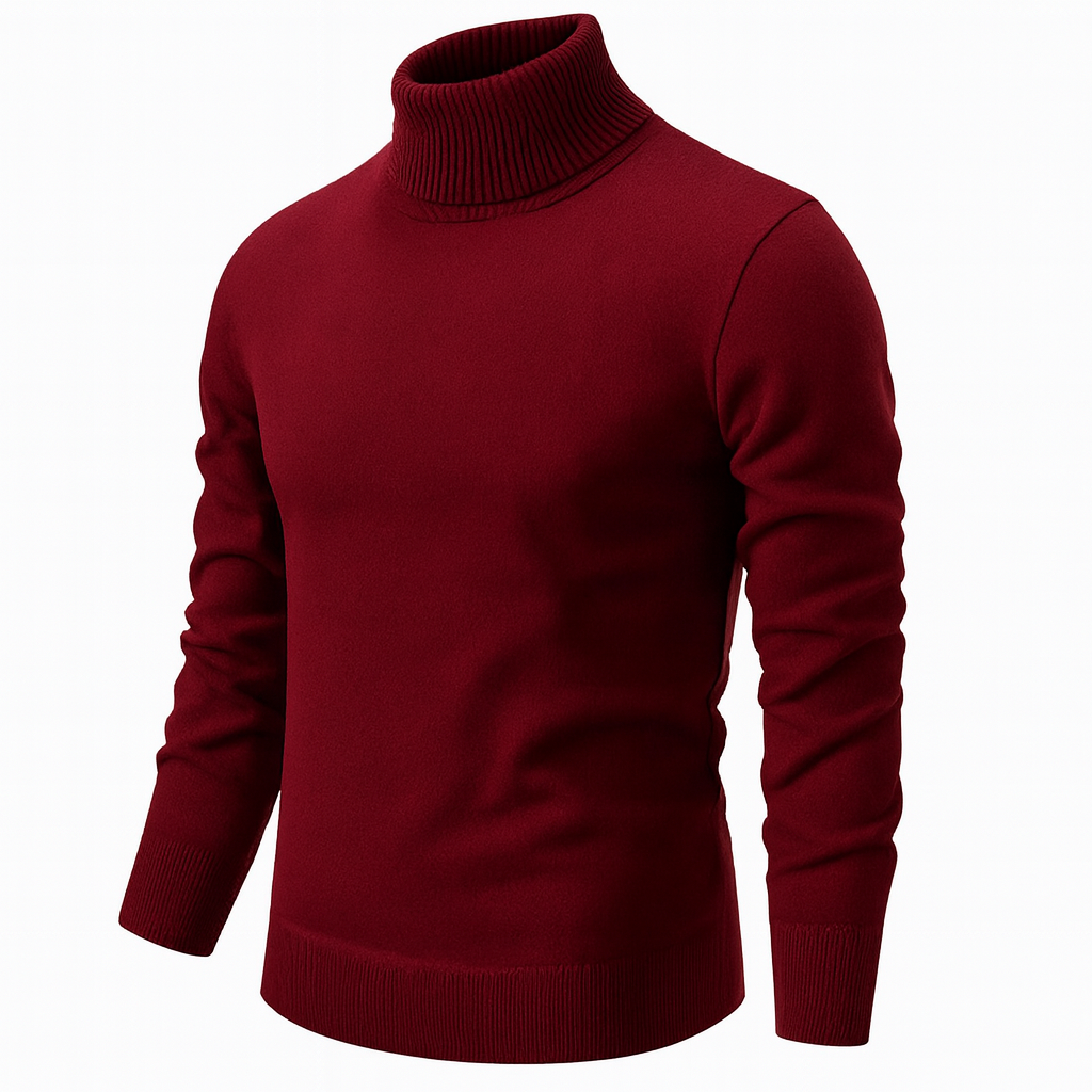 Men's plain long-sleeve turtleneck sweater with ribbed collar, cuffs and hem