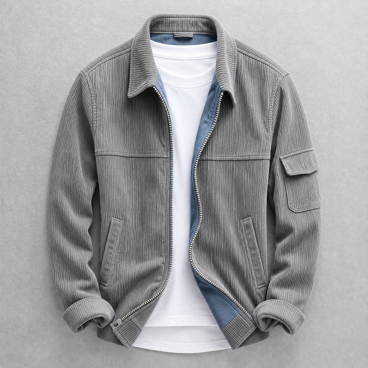 Men's ribbed corduroy jacket with collar, zip front and sleeve pocket