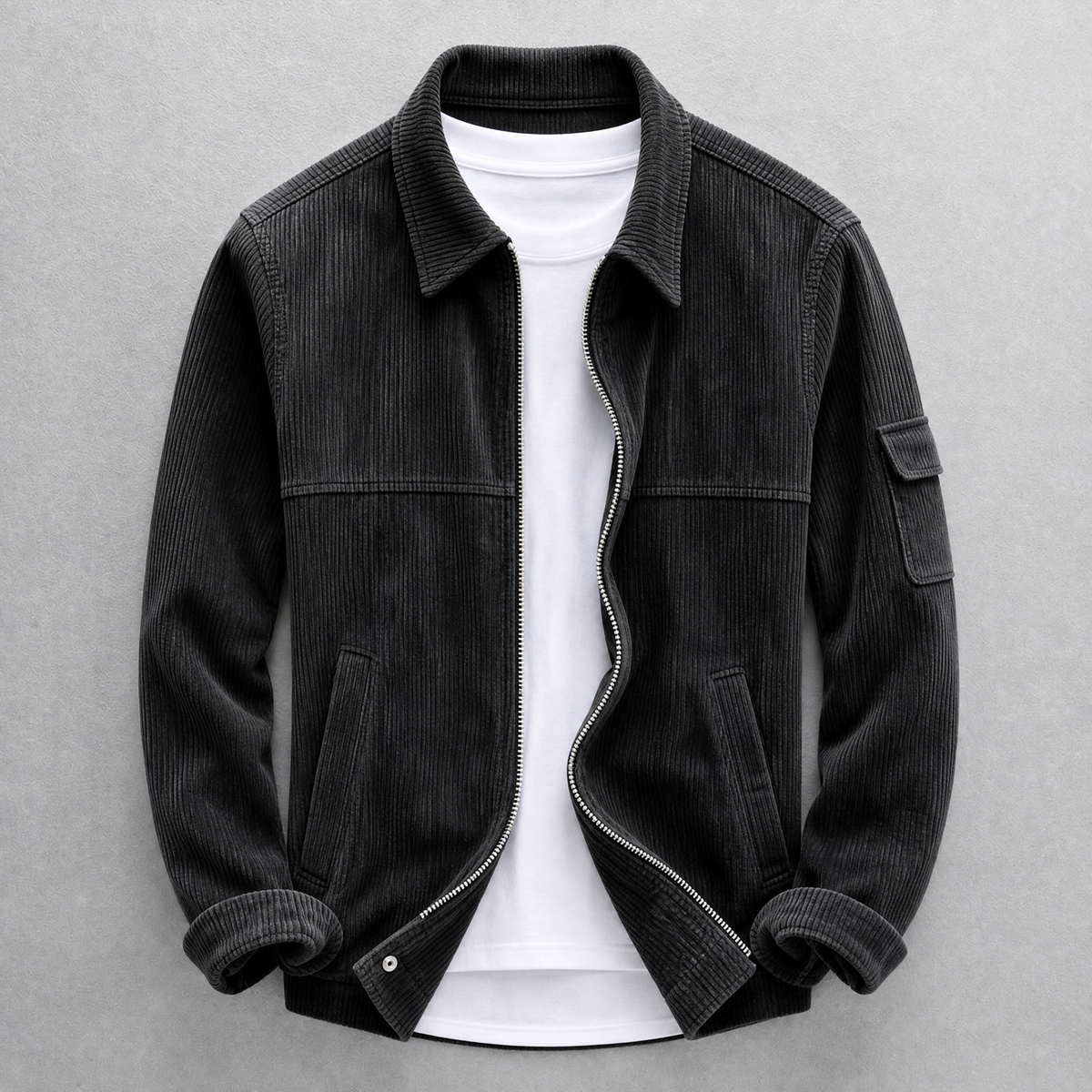 Men's ribbed corduroy jacket with collar, zip front and sleeve pocket
