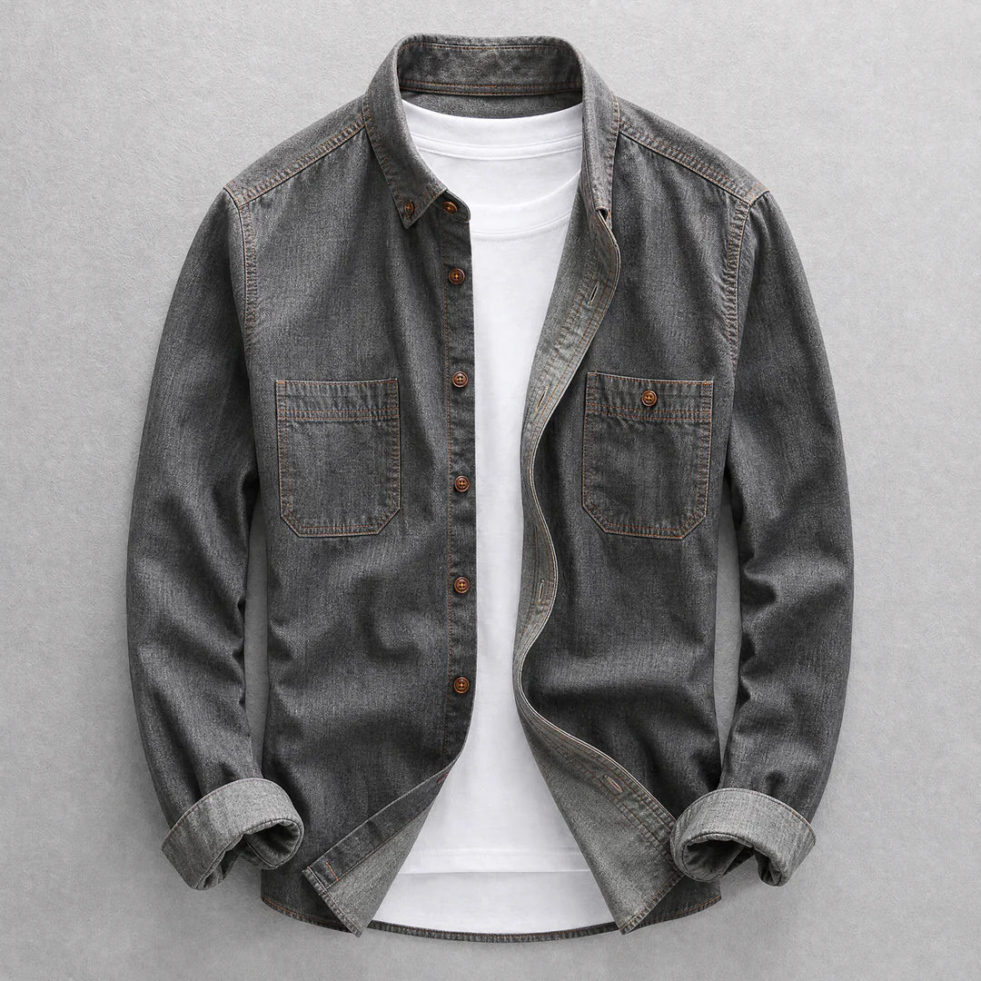 Men's long-sleeve denim shirt with pointed collar, button front and two chest pockets