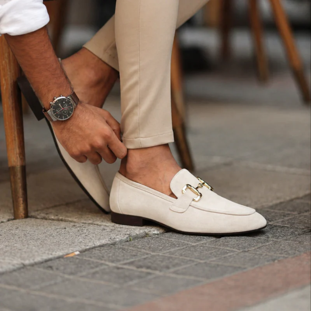 Men's plain buckle loafers with almond toes and low flat heels