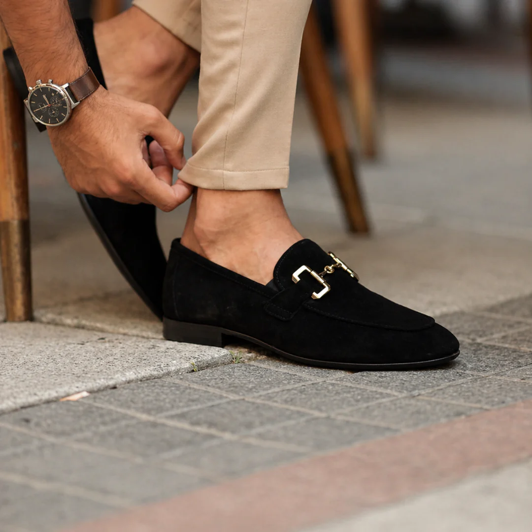 Men's plain buckle loafers with almond toes and low flat heels