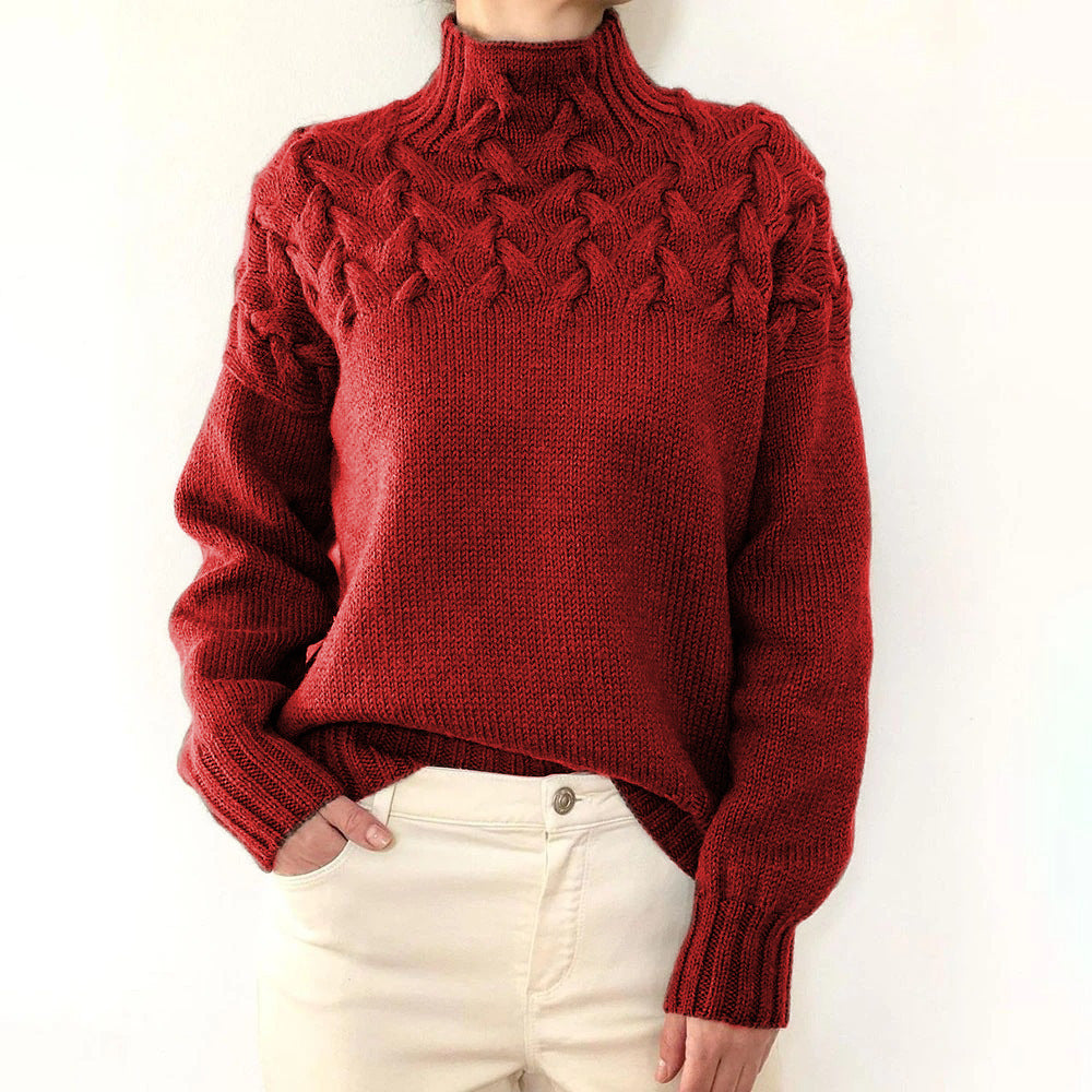 Women's cable-knit turtleneck sweater with long sleeves and ribbed trims
