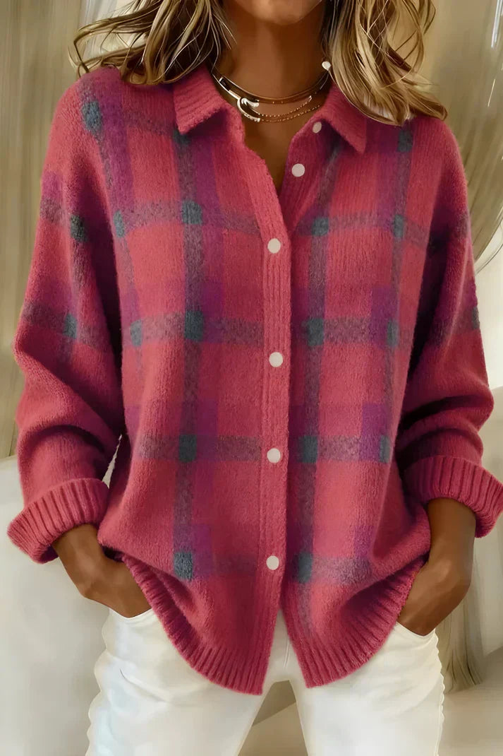 Women's checked knit cardigan with collar, buttons and long sleeves