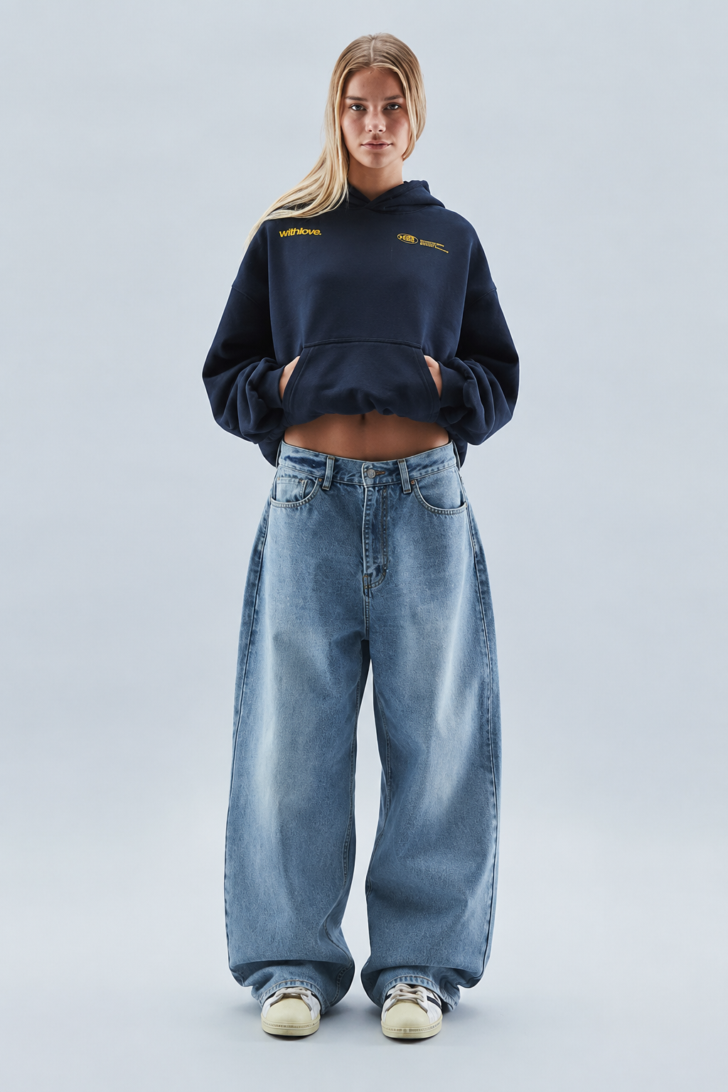 Women's oversized cropped hoodie with hood, long sleeves and front graphic prints