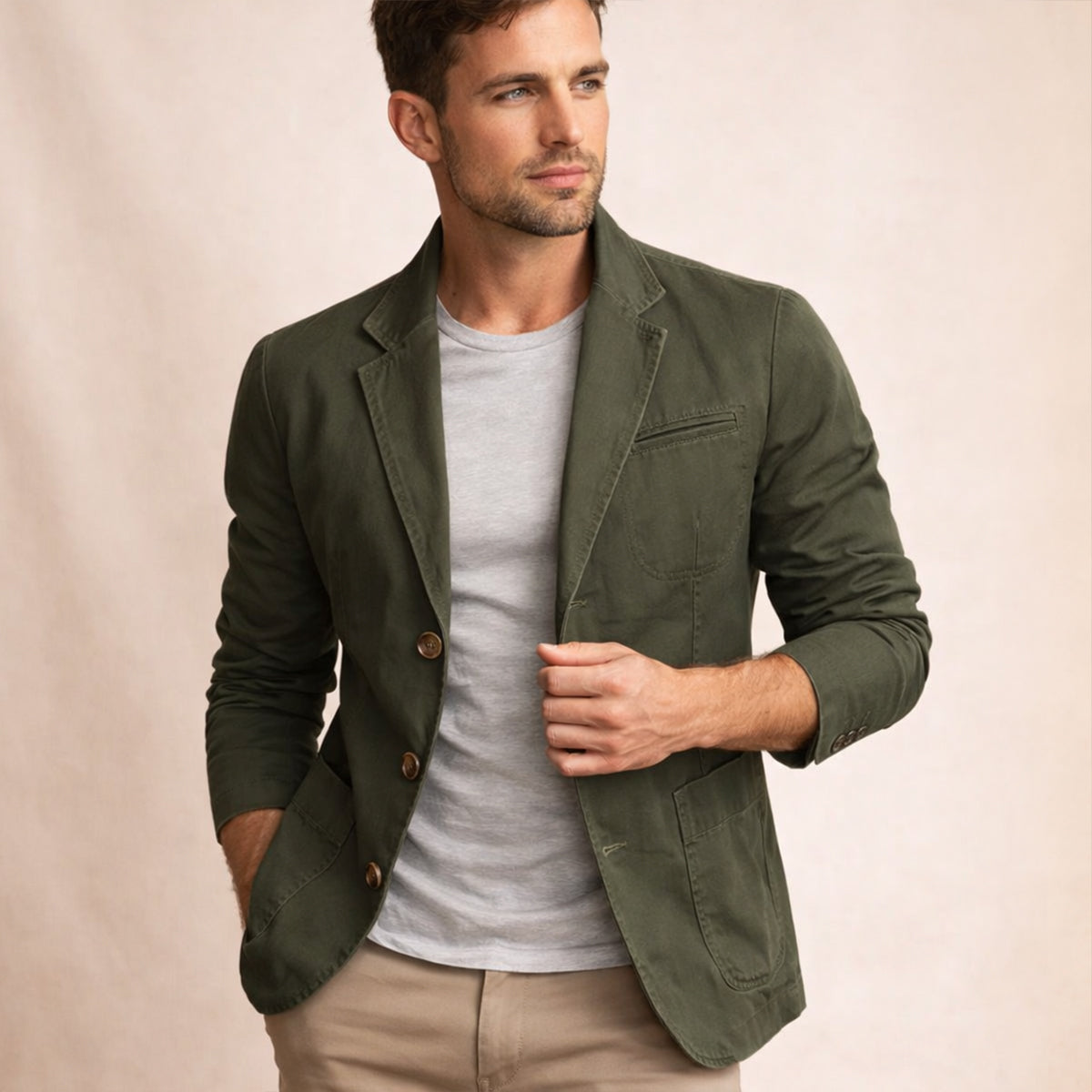 Men's blazer with notched lapels, button front and multiple pockets