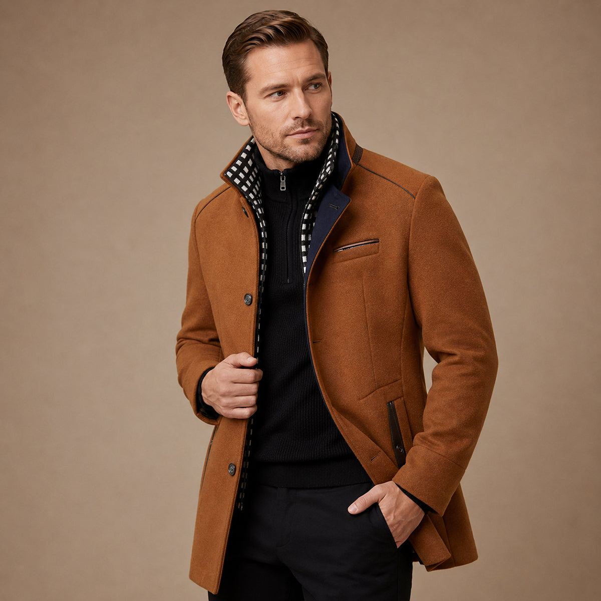Men's structured trench coat with stand collar and long sleeves