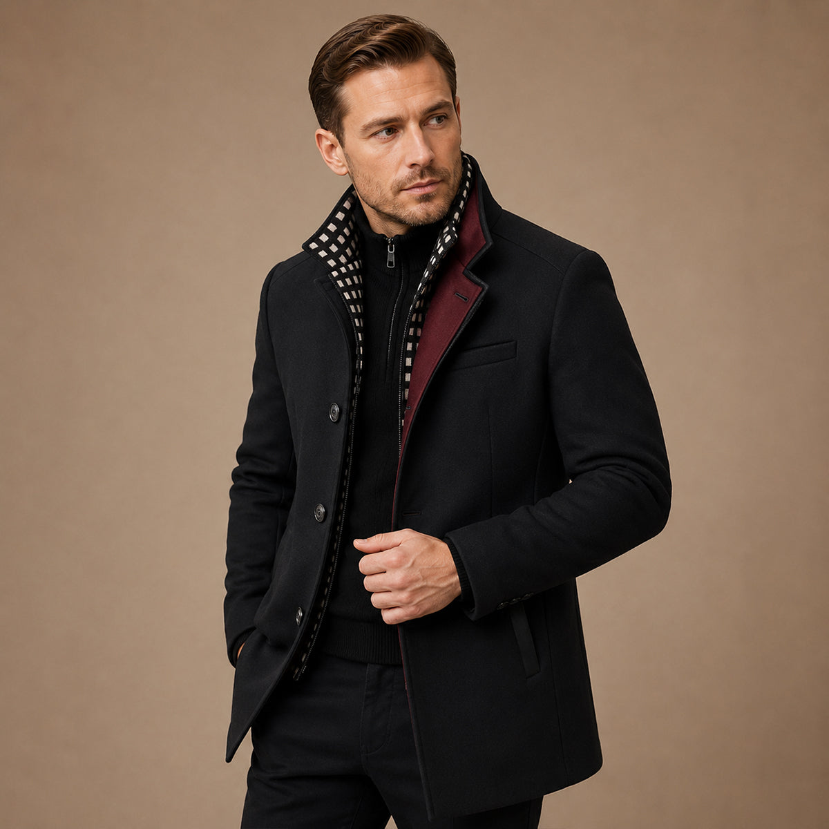Men's structured trench coat with stand collar and long sleeves