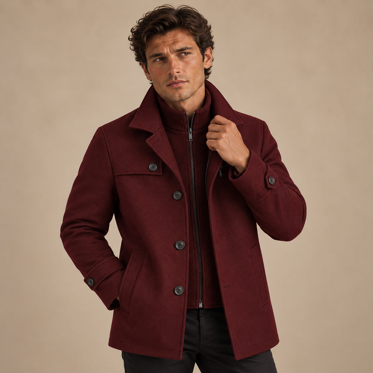 Men's structured winter coat with button front, chest zip pocket and adjustable cuffs