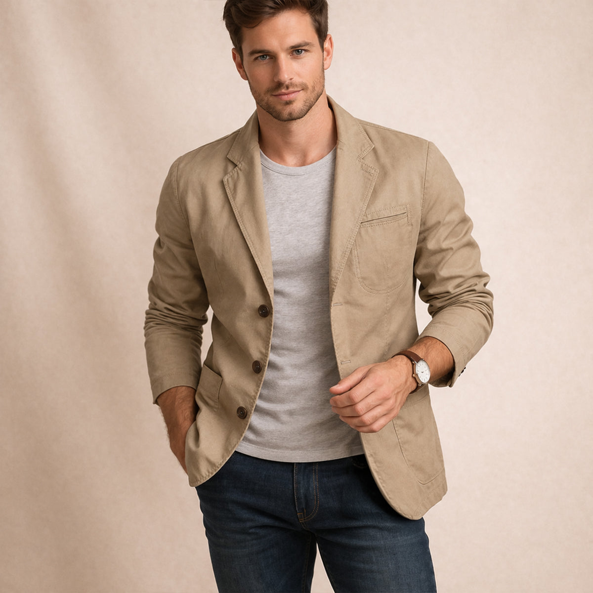 Men's blazer with notched lapels, button front and multiple pockets
