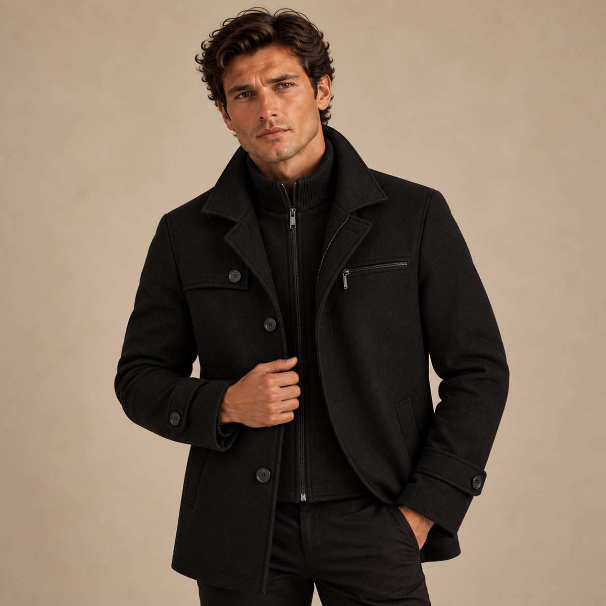 Men's structured winter coat with button front, chest zip pocket and adjustable cuffs