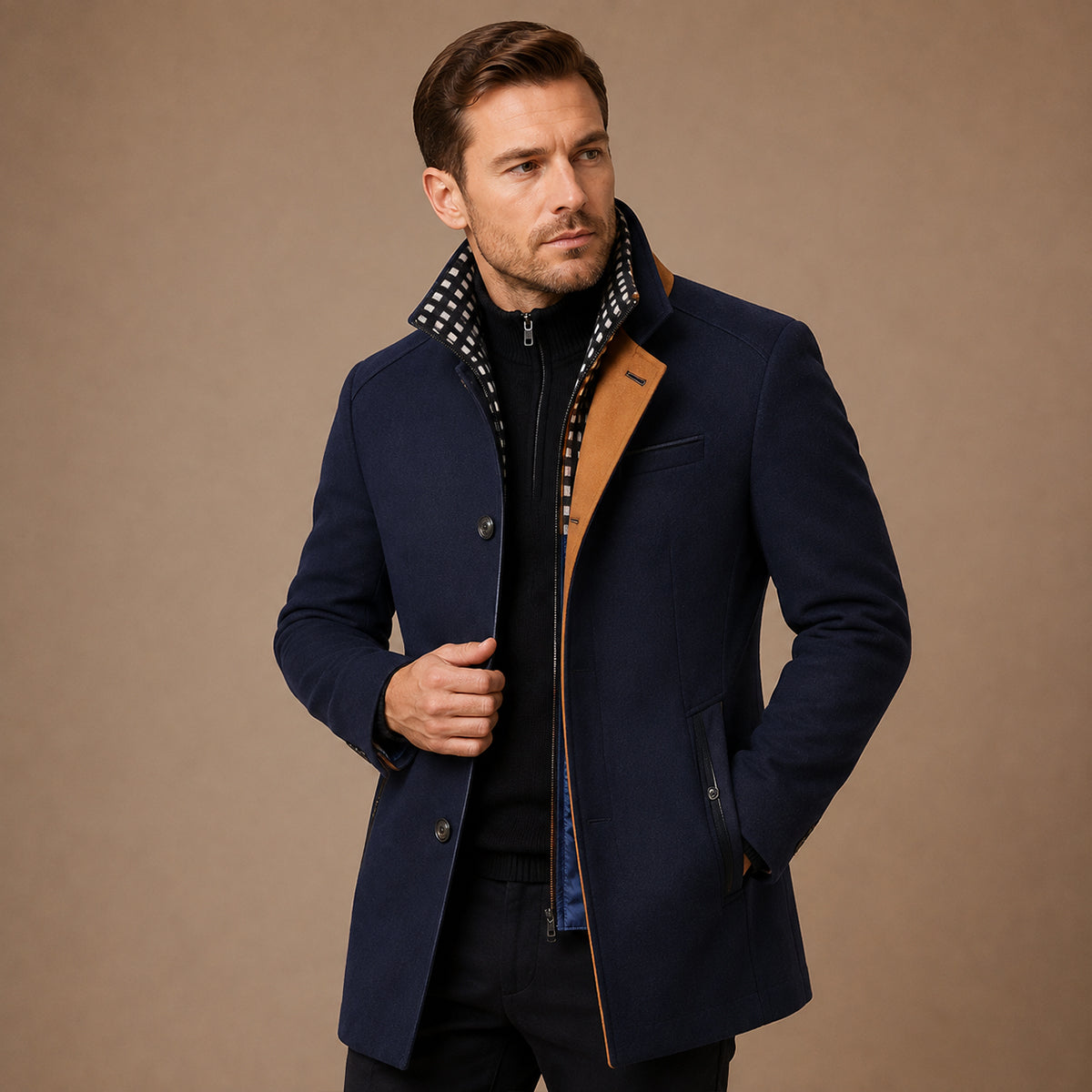 Men's structured trench coat with stand collar and long sleeves