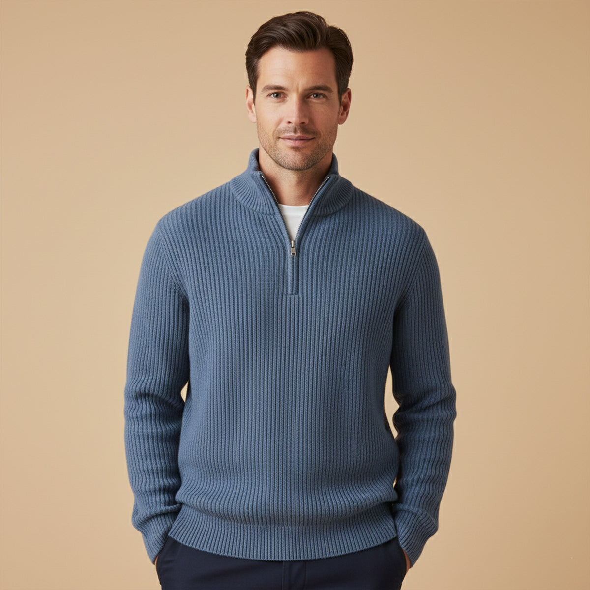 Men's ribbed half-zip jumper with high collar and long sleeves
