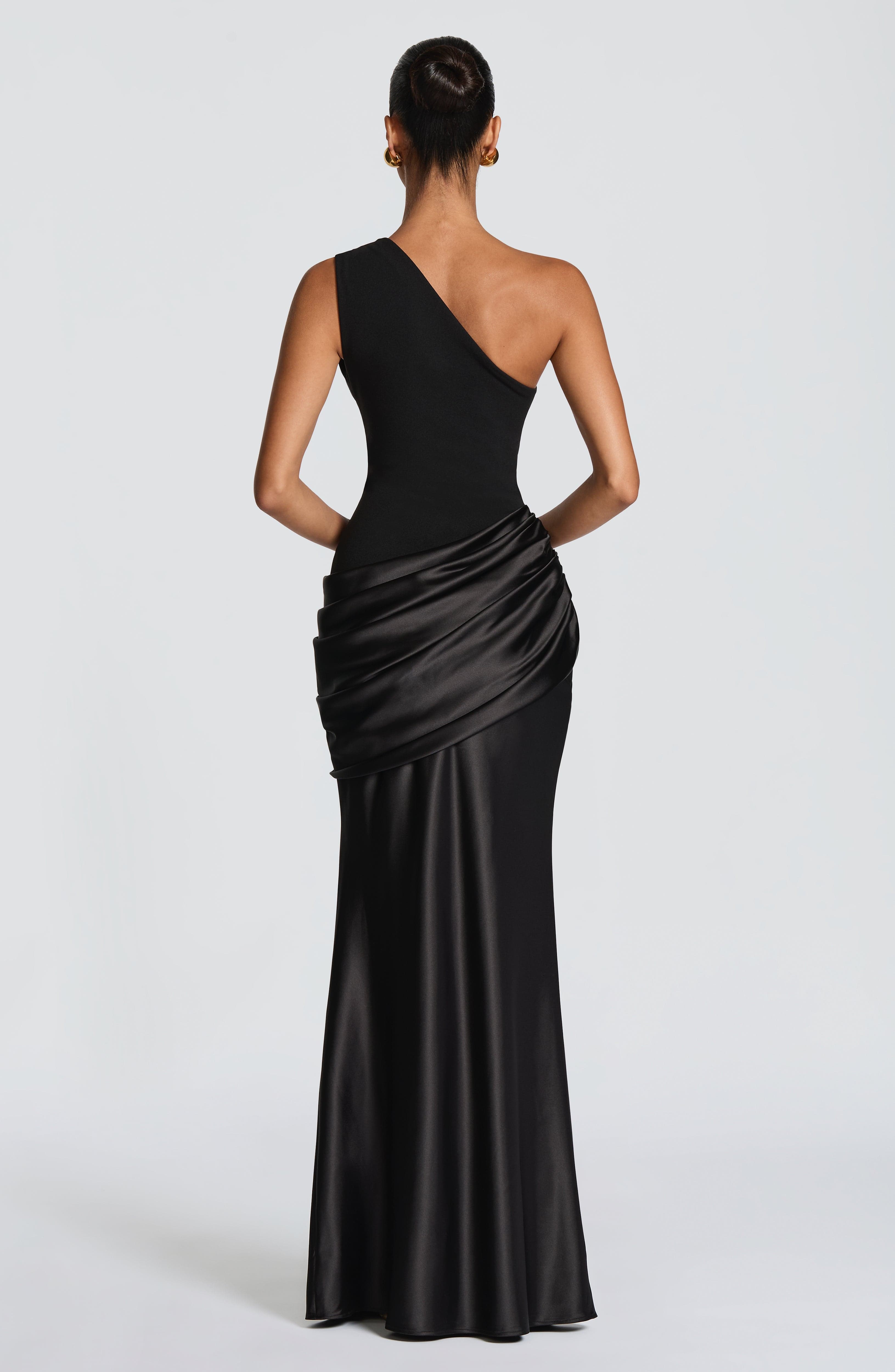 Women's Maxi Dress One-Shoulder Ruched Satin - Black