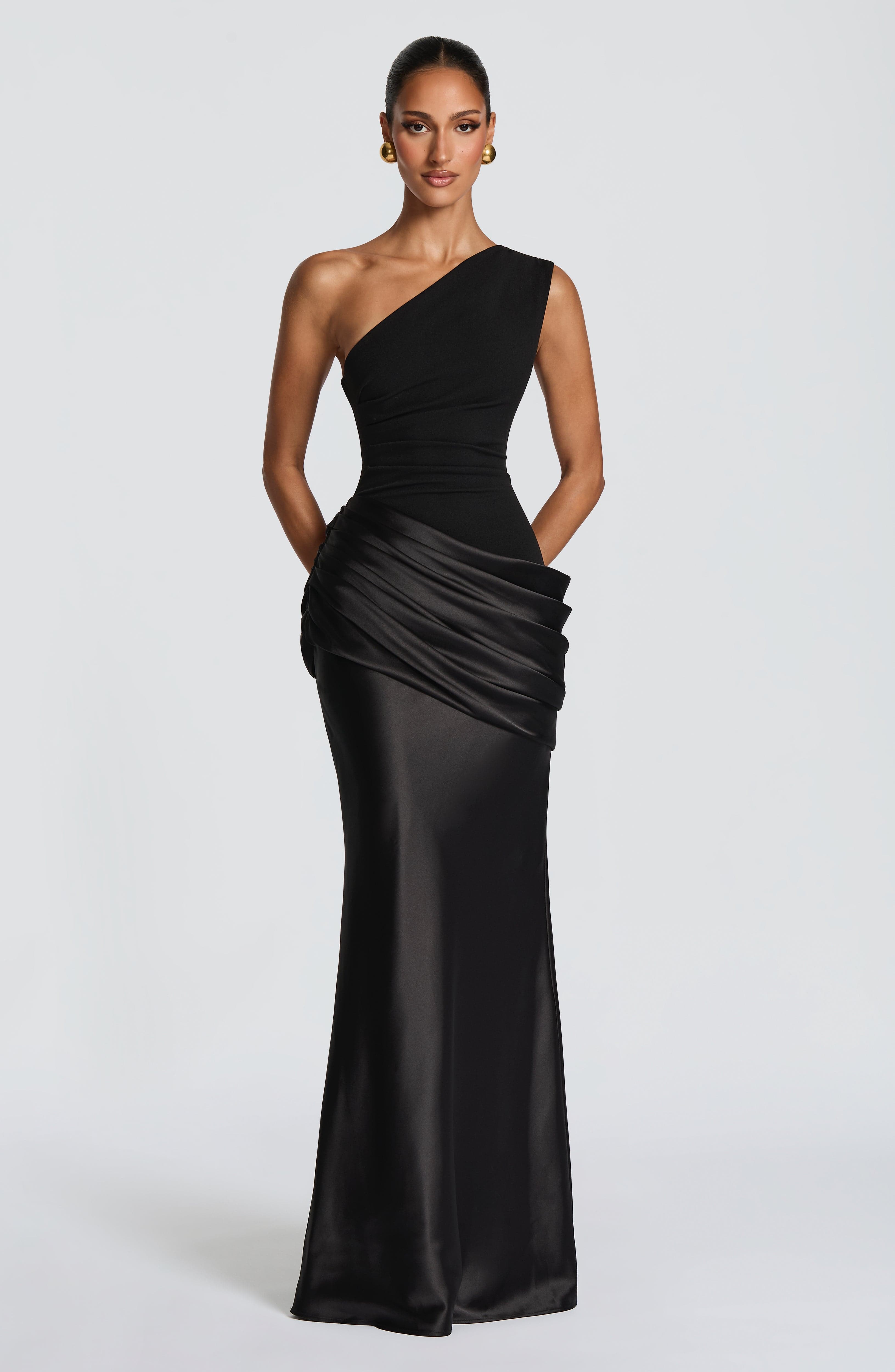 Women's Maxi Dress One-Shoulder Ruched Satin - Black
