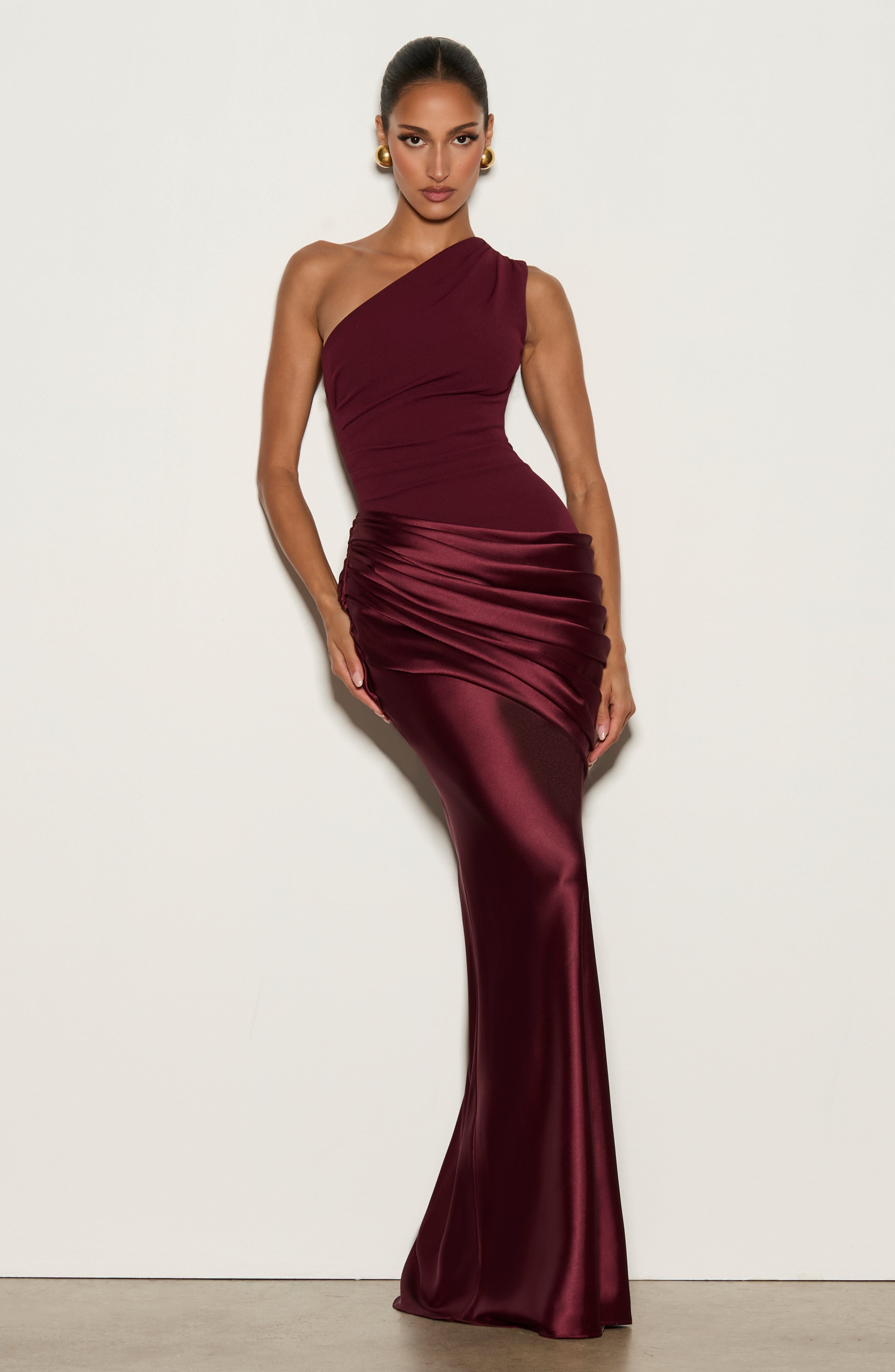 Women's Maxi Dress One-Shoulder Ruched Satin - Pale Pink