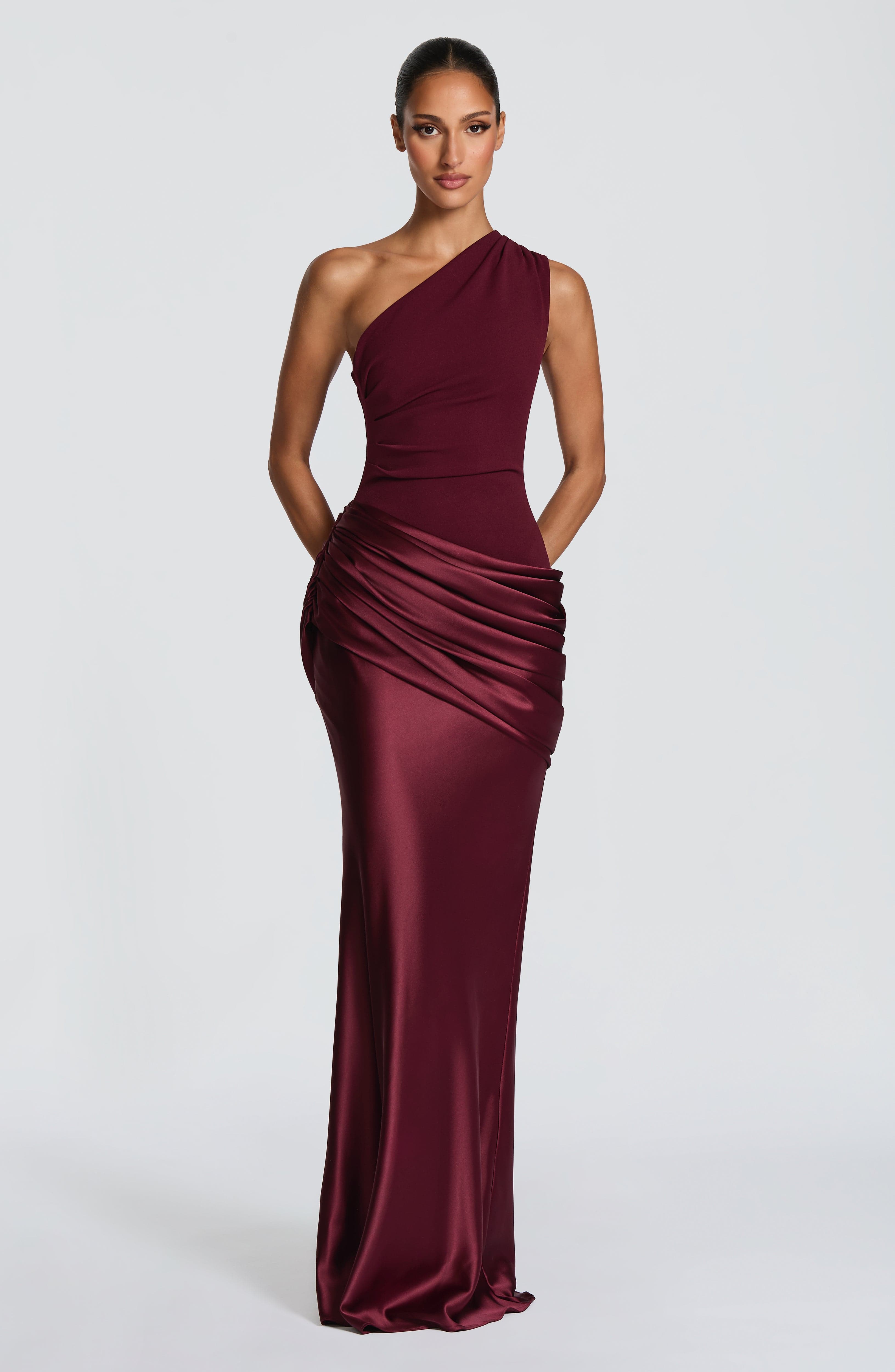 Women's Maxi Dress One-Shoulder Ruched Satin - Cherry Red