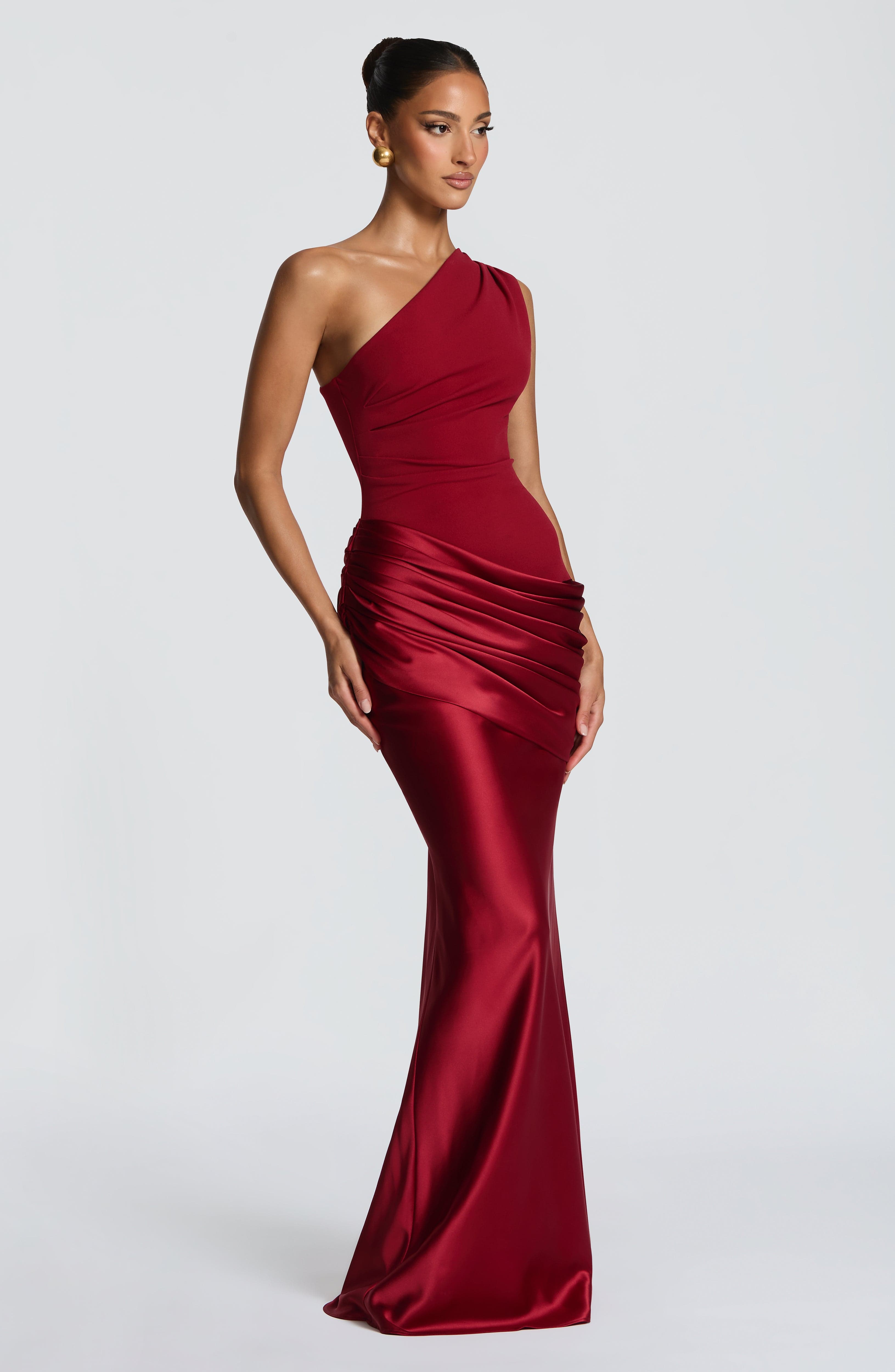 Women's Maxi Dress One-Shoulder Ruched Satin - Deep Red