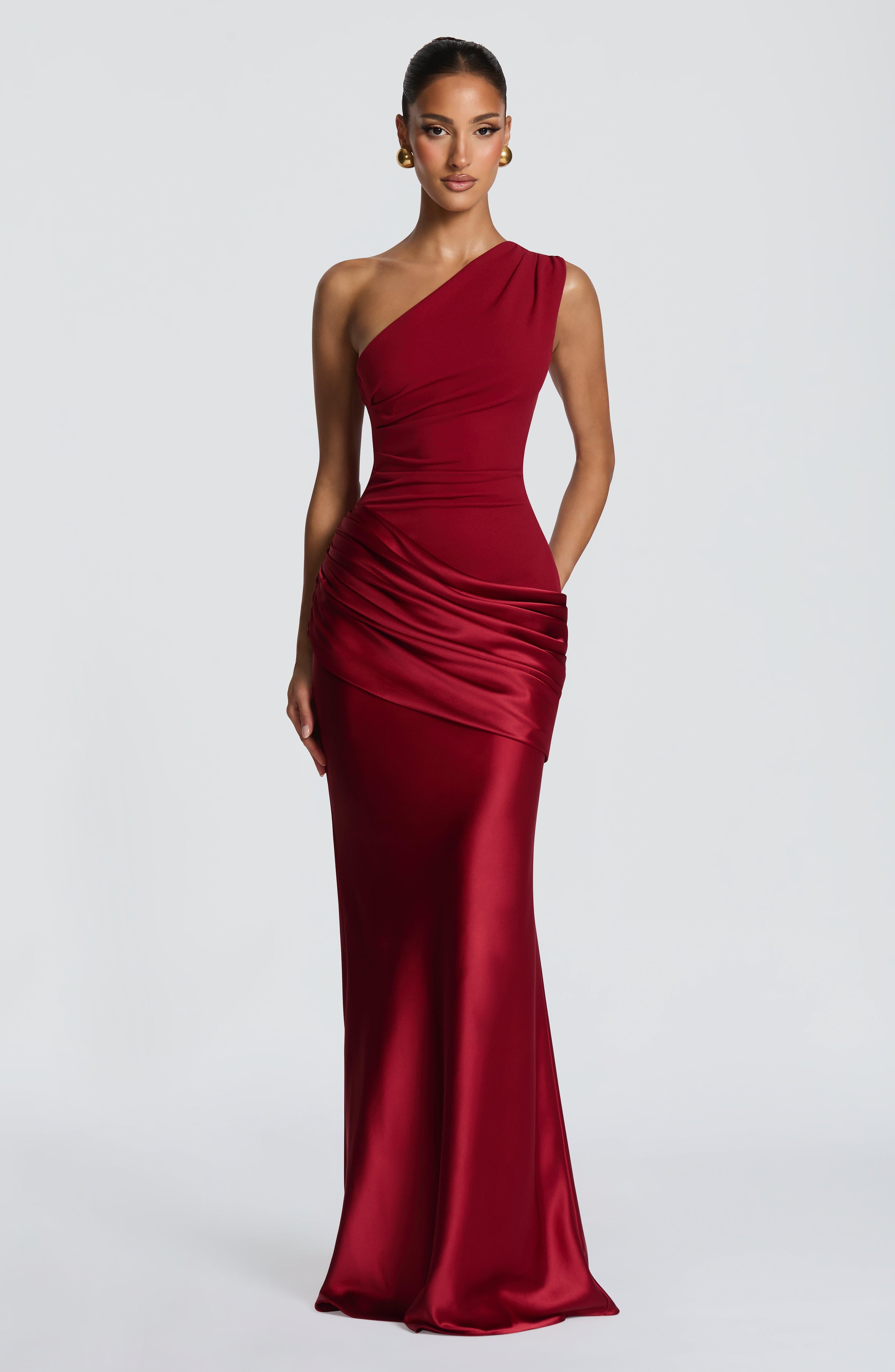 Women's Maxi Dress One-Shoulder Ruched Satin - Deep Red