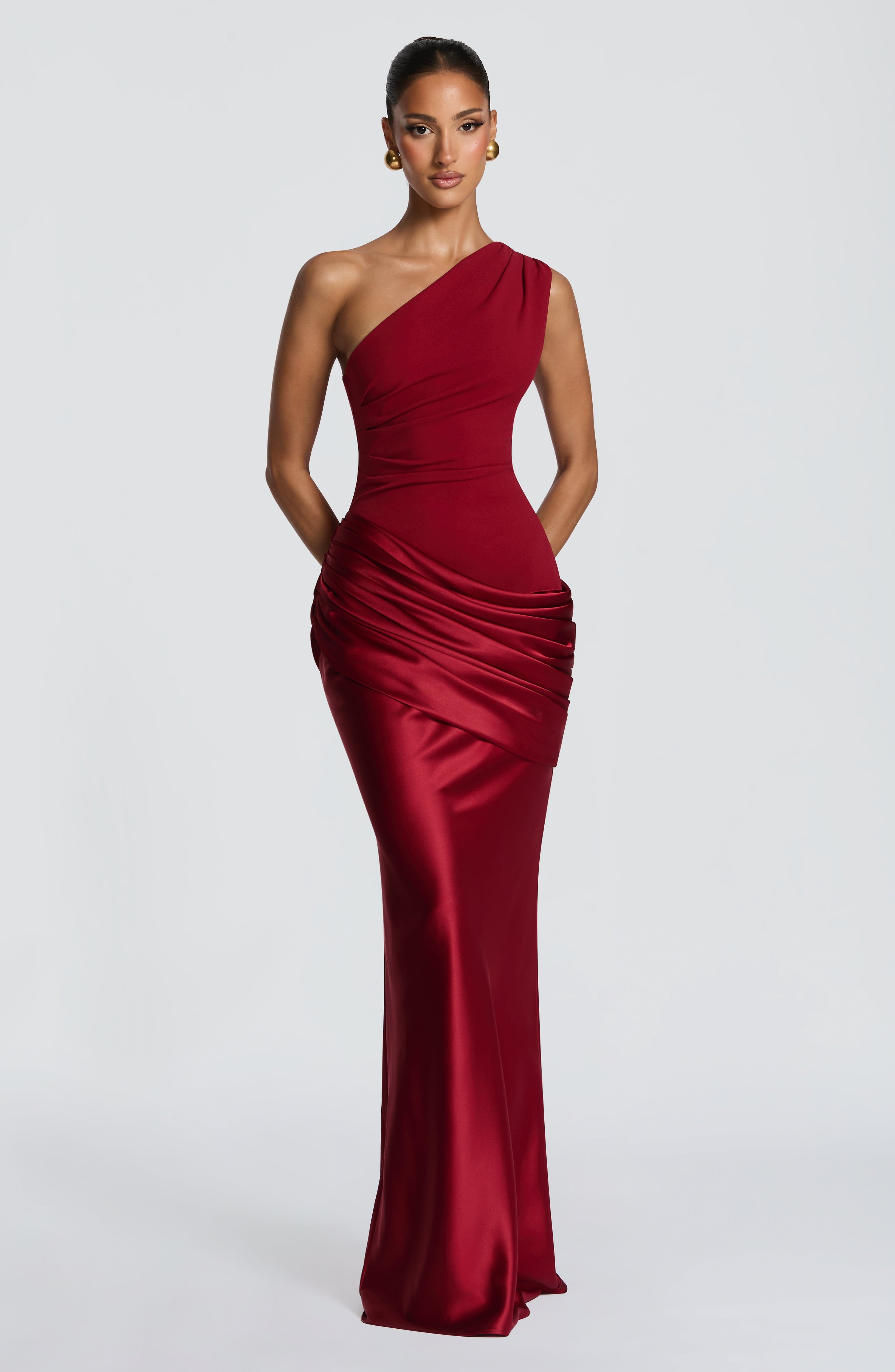 Women's Maxi Dress One-Shoulder Ruched Satin - Deep Red