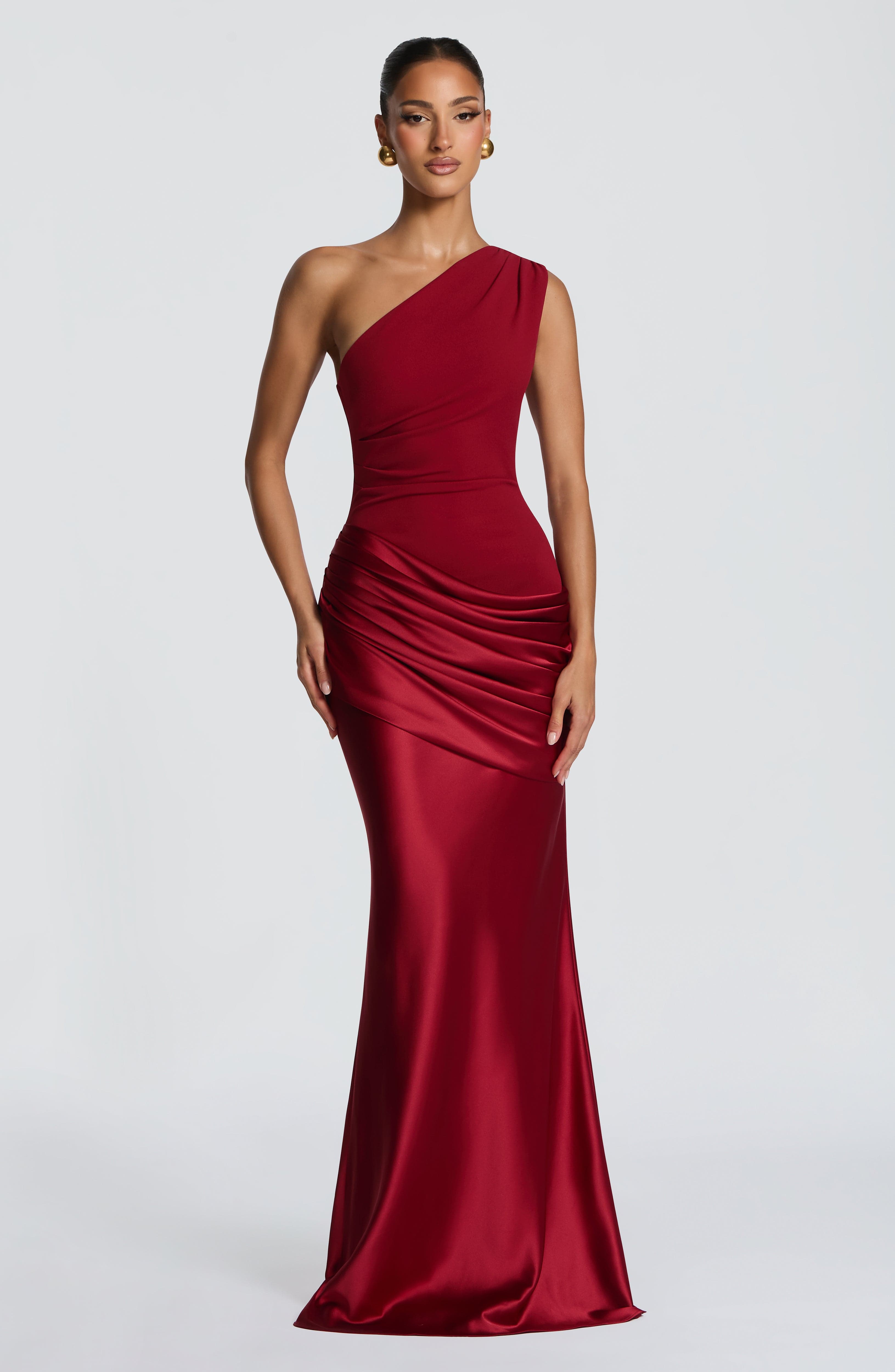 Women's Maxi Dress One-Shoulder Ruched Satin - Deep Red