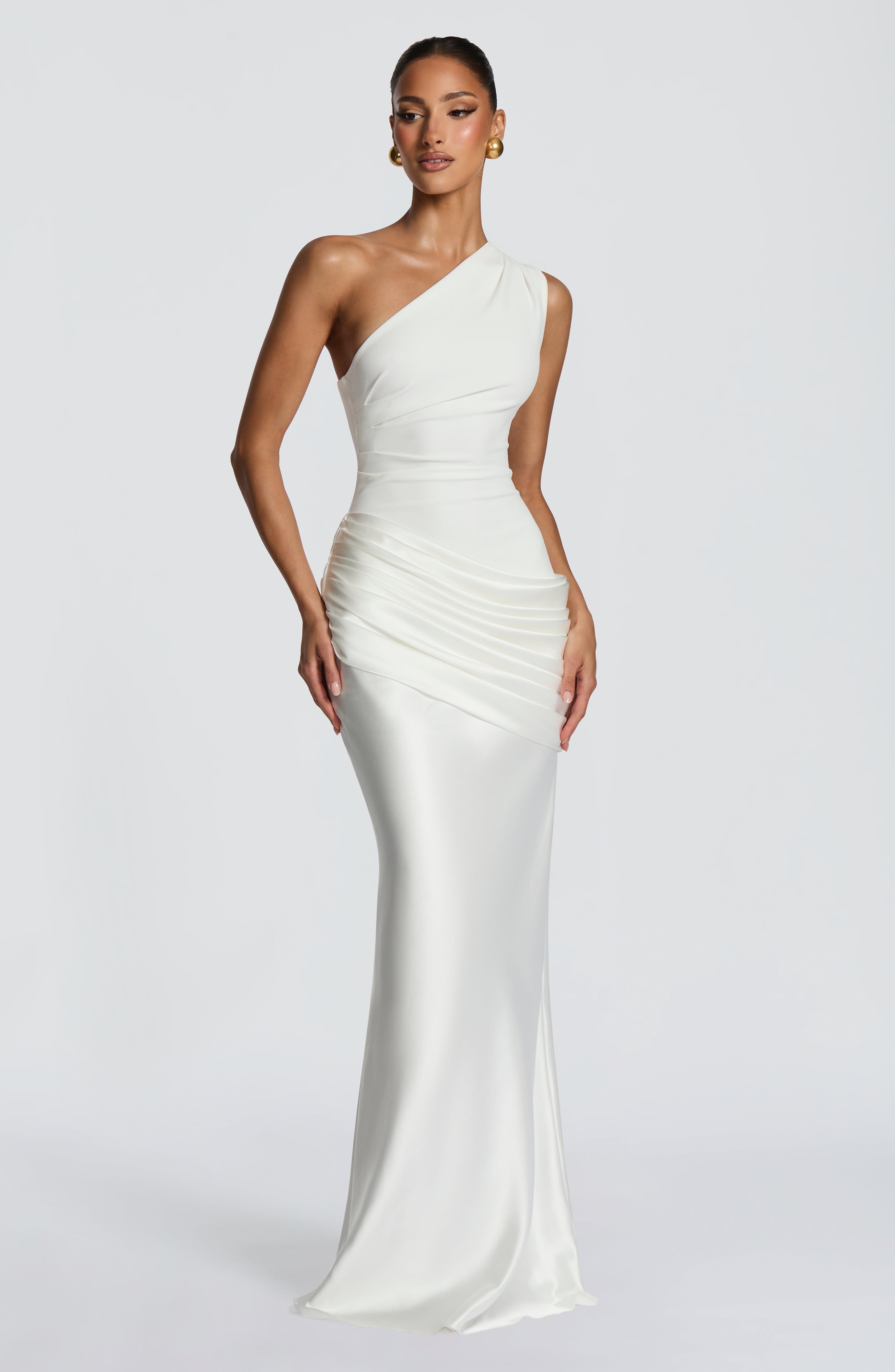 Women's Maxi Dress One-Shoulder Ruched Satin - White