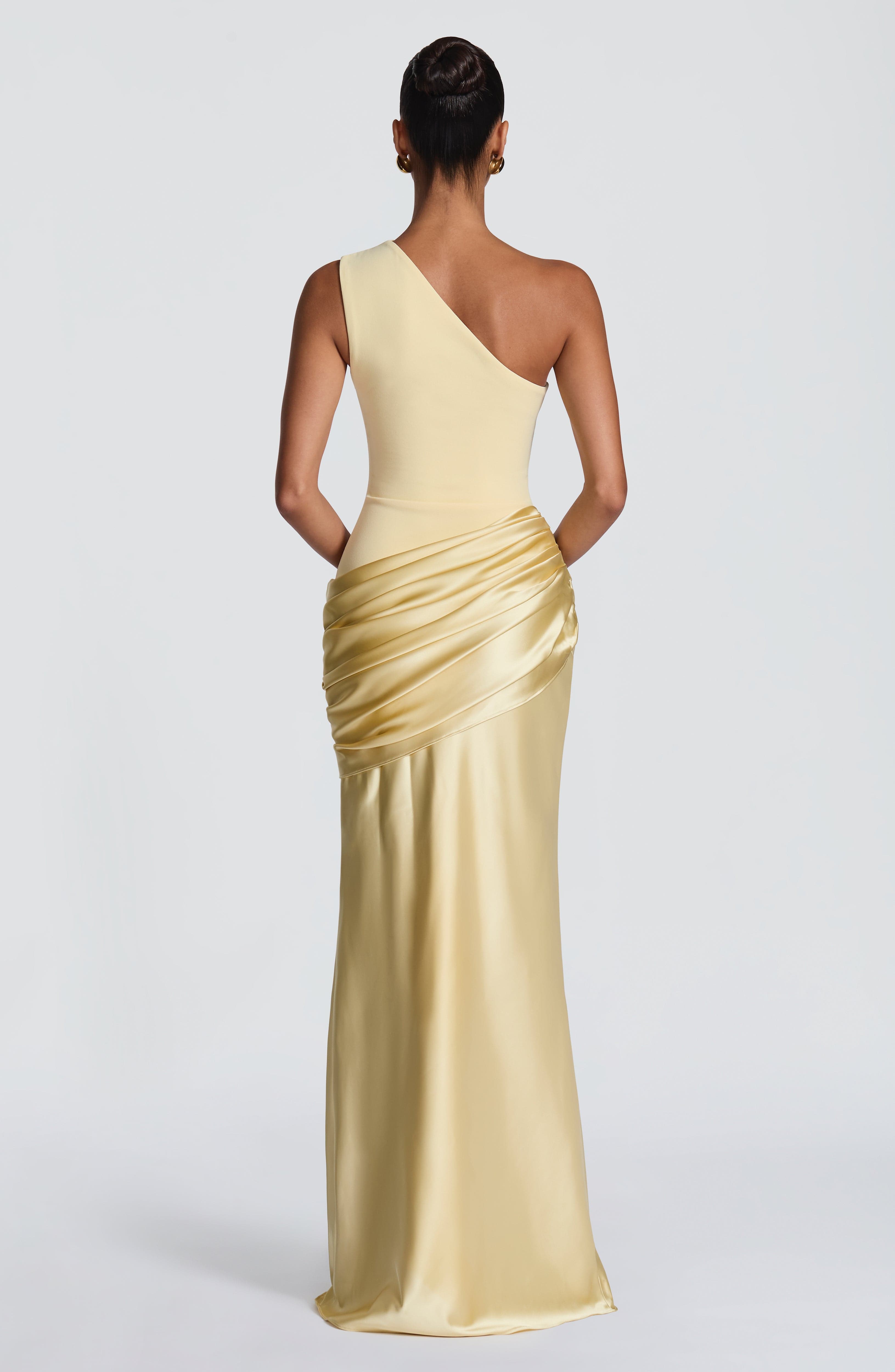 Women's Maxi Dress One-Shoulder Ruched Satin - Yellow