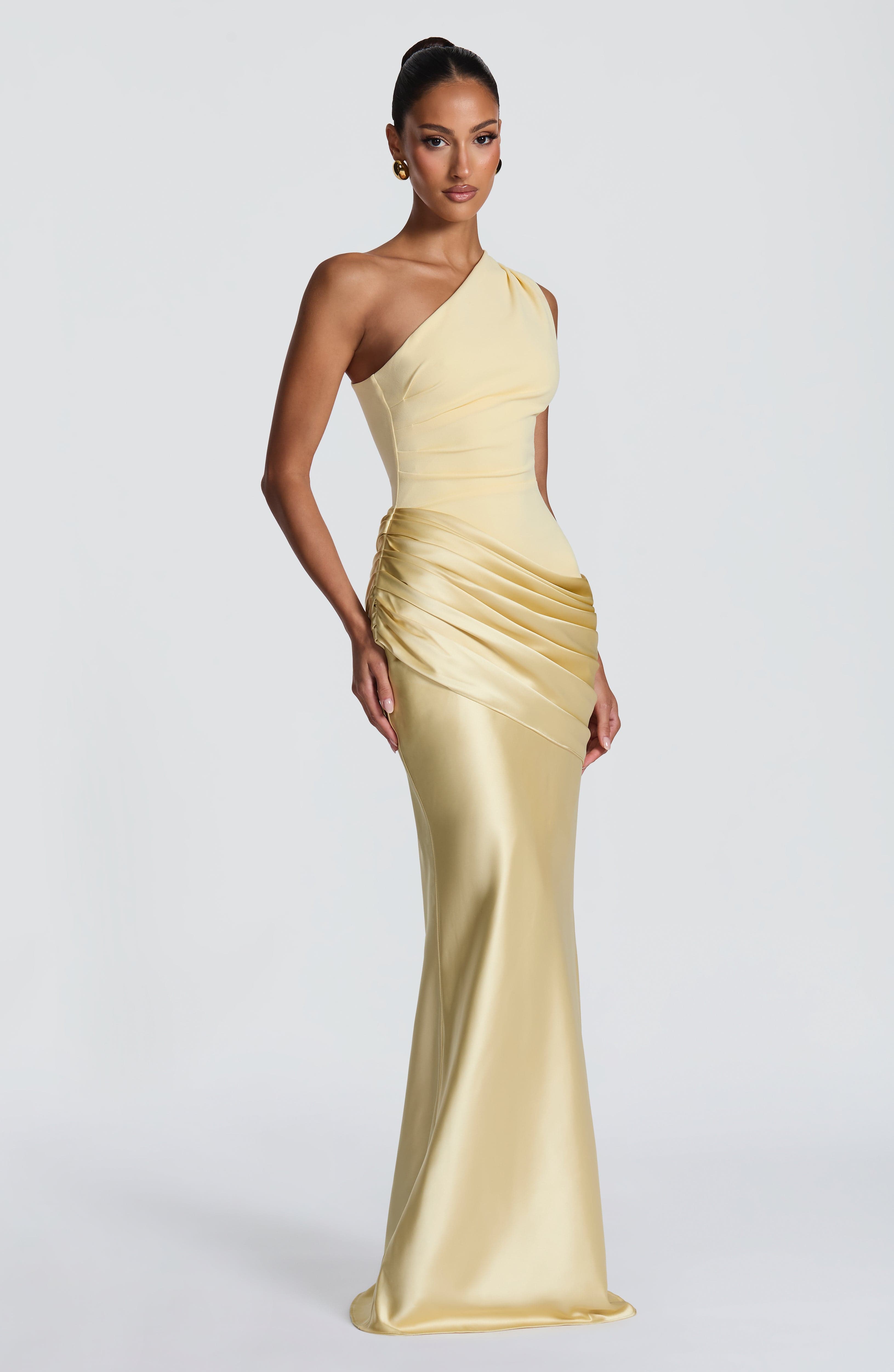 Women's Maxi Dress One-Shoulder Ruched Satin - Yellow