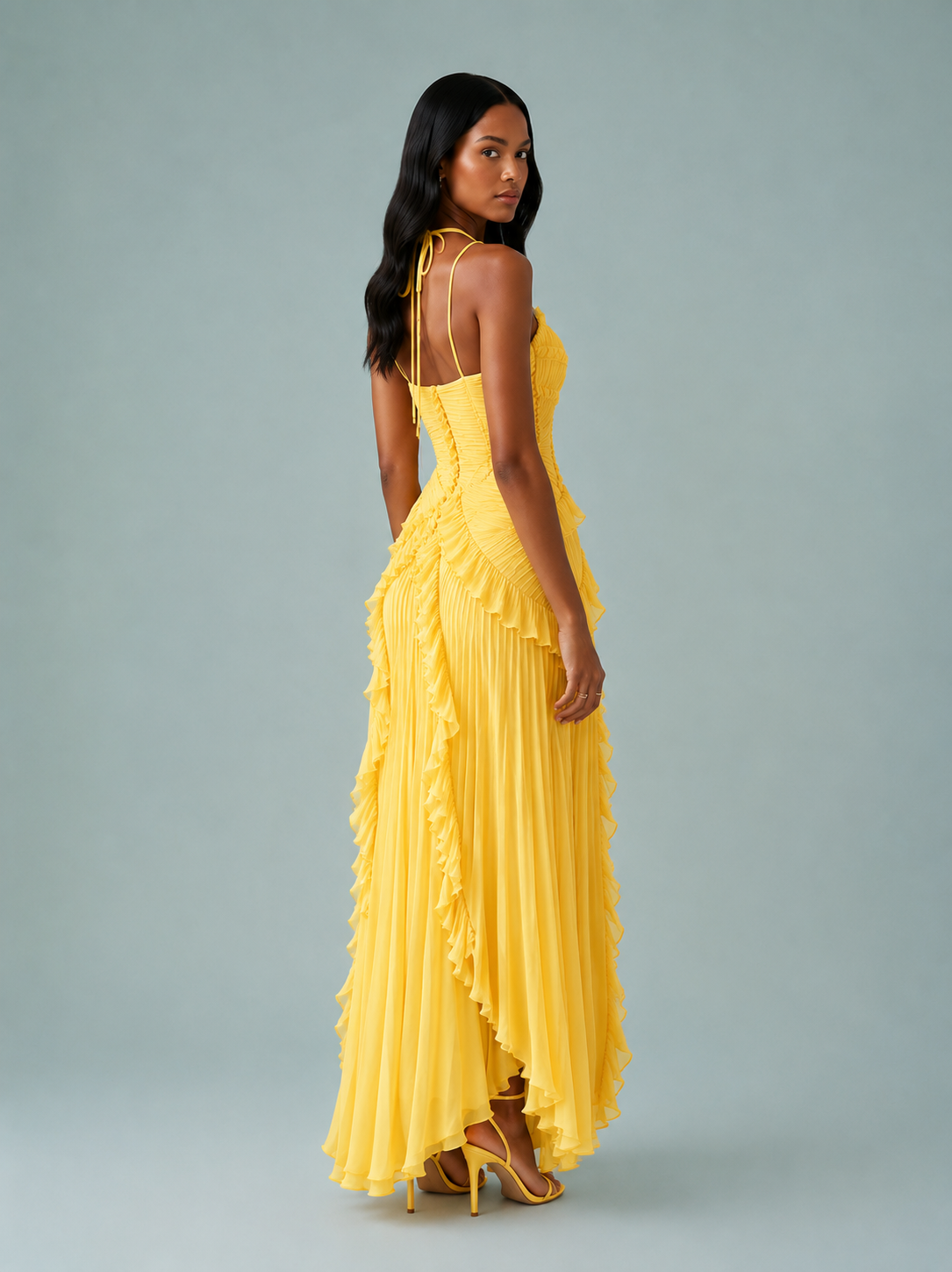 Women's Maxi Dress Pleated Ruffle Halter Neck