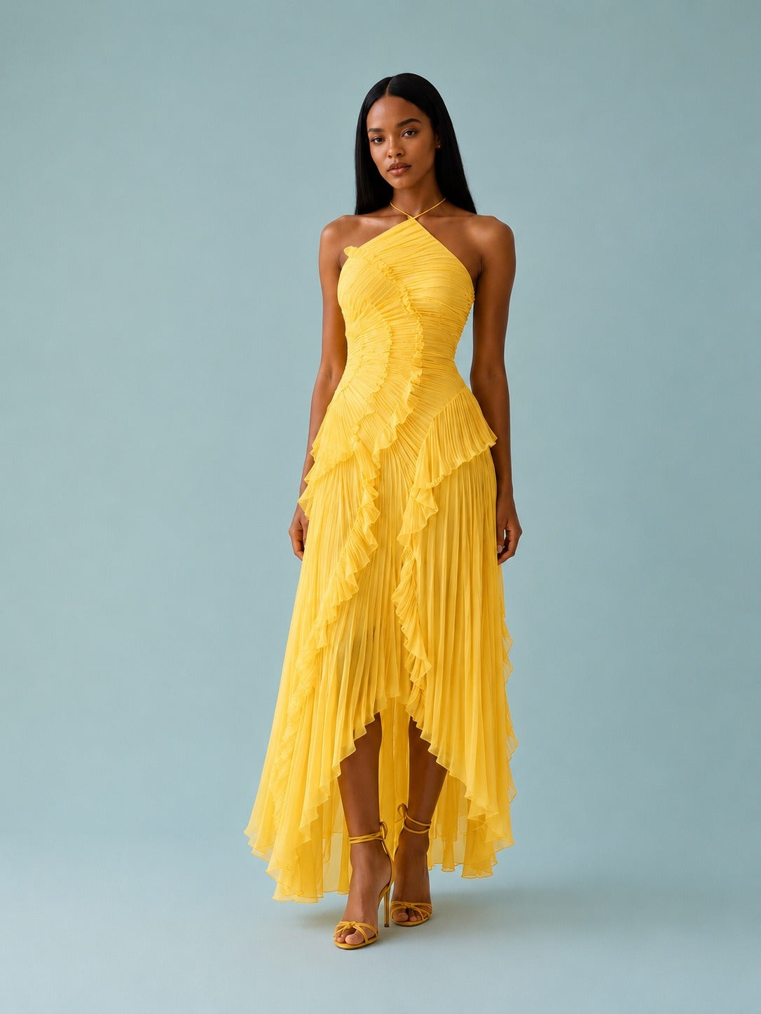 Women's Maxi Dress Pleated Ruffle Halter Neck