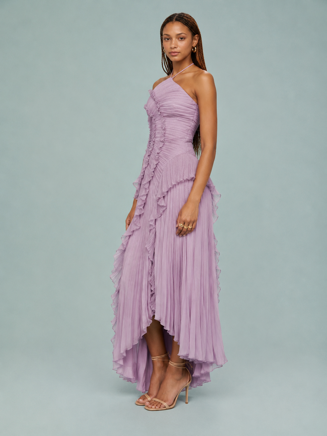 Women's Maxi Dress Pleated Ruffle Halter Neck