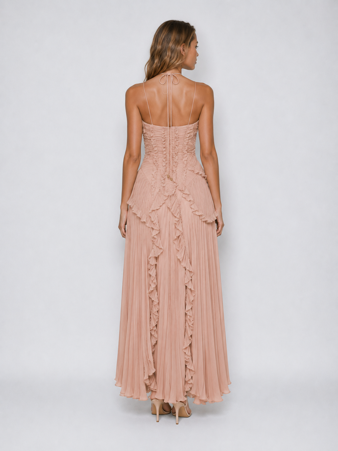 Women's Maxi Dress Pleated Ruffle Halter Neck