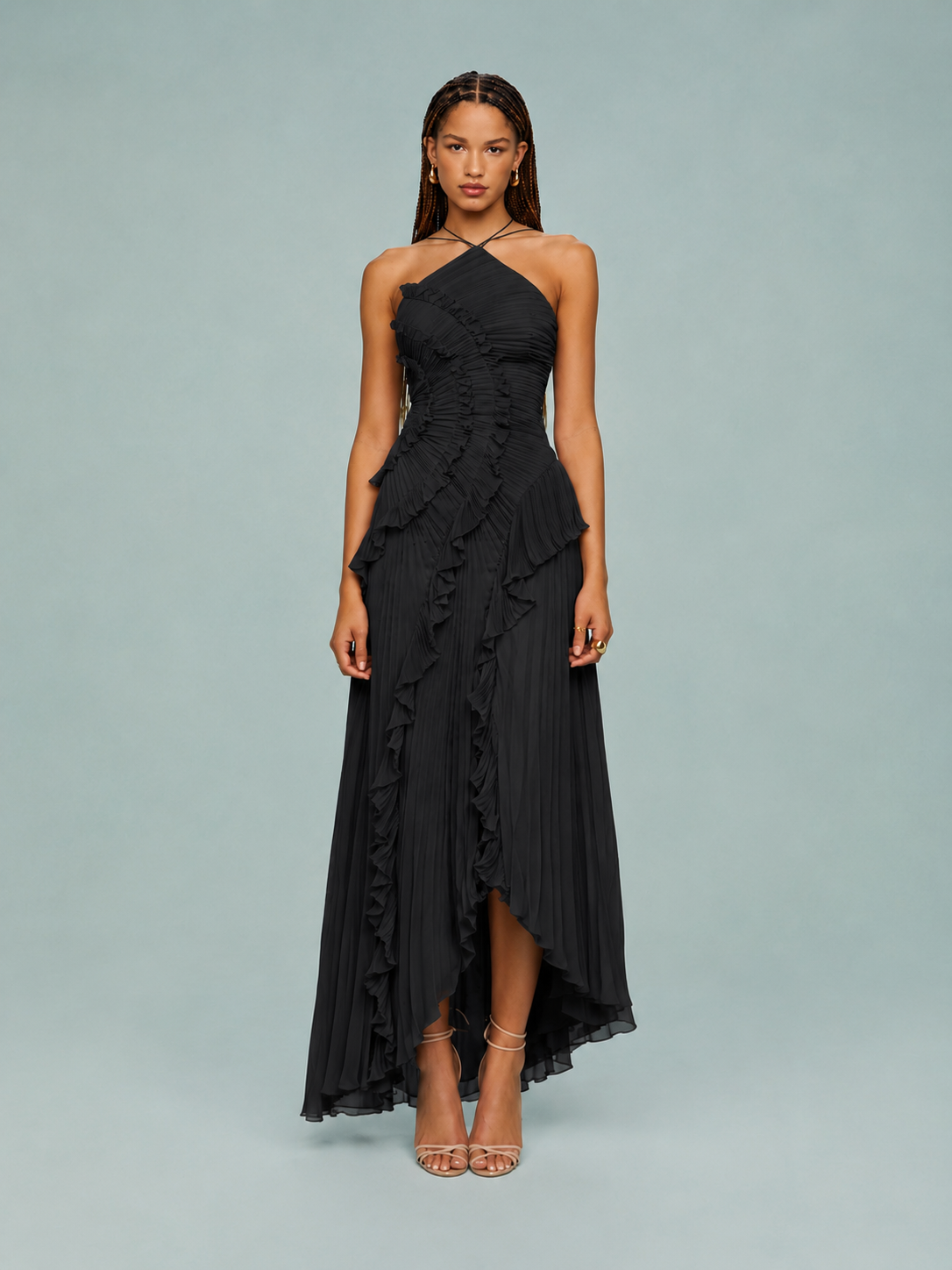 Women's Maxi Dress Pleated Ruffle Halter Neck