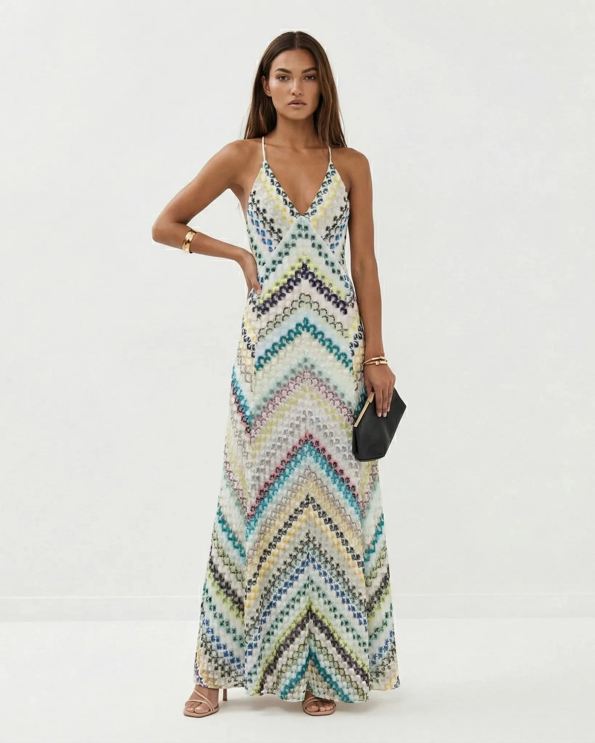 Women's multicoloured chevron knit maxi dress with V-neck and spaghetti straps