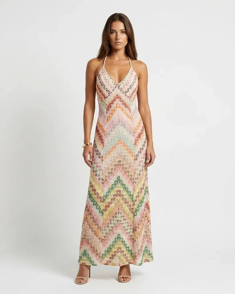 Women's multicoloured chevron knit maxi dress with V-neck and spaghetti straps