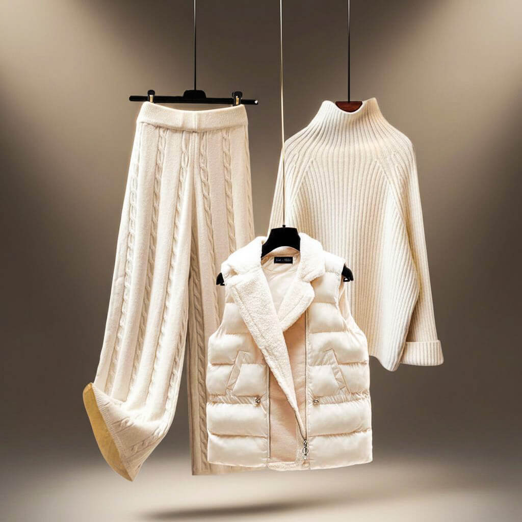 Women's winter knitwear set with ribbed turtleneck sweater, padded gilet and cable-knit trousers
