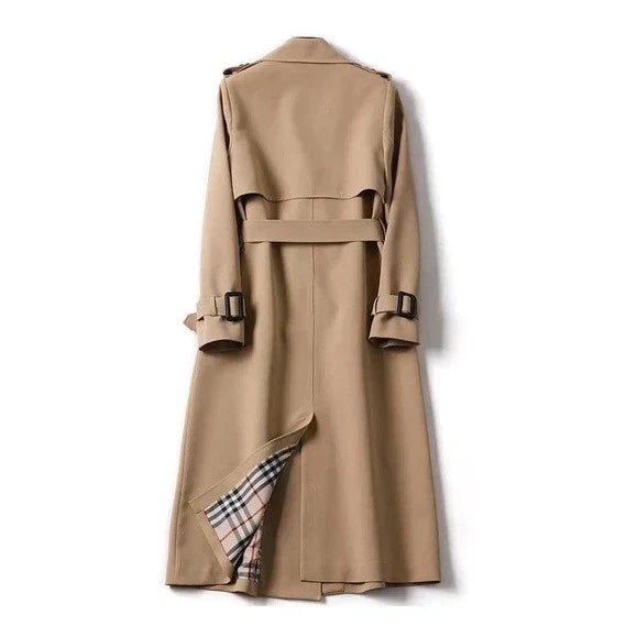 Women's long double-breasted trench coat with belt and notched lapels