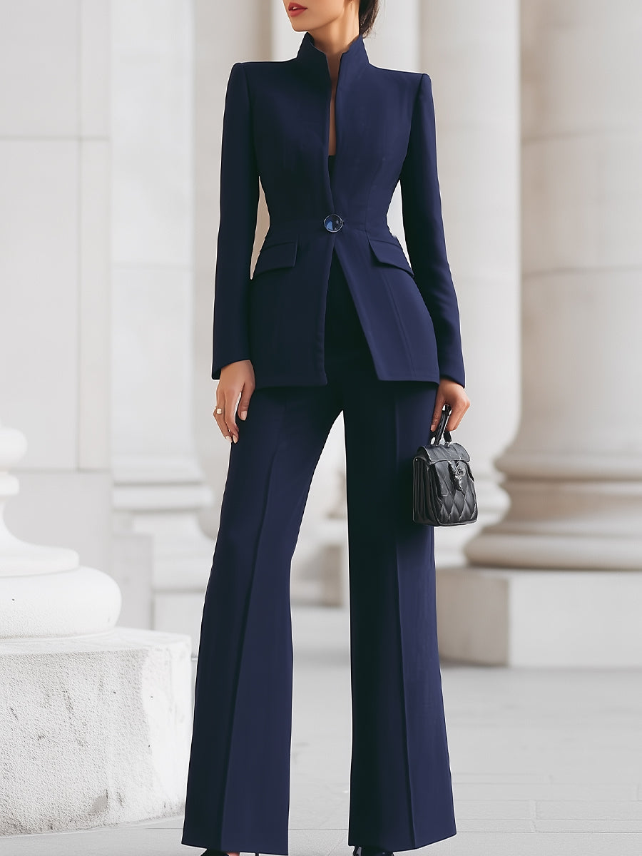 Women's high collar blazer and wide leg trouser suit