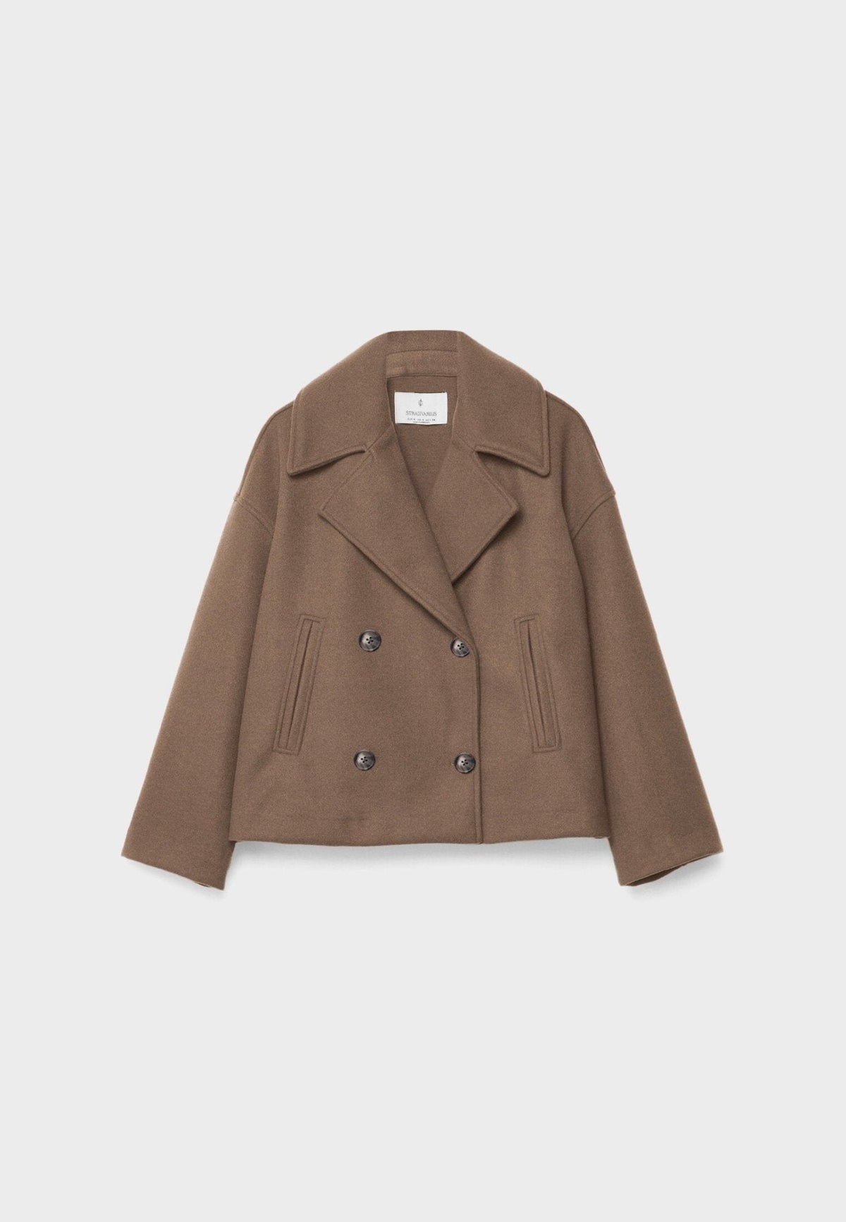 Women's cropped double-breasted jacket with wide lapels and welt pockets