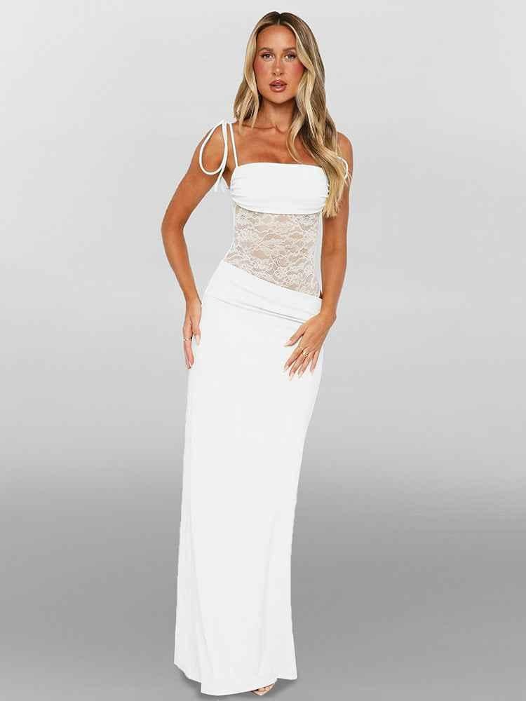 Women’s Lace Corset Maxi Dress | Tie Strap Bodycon Evening Gown