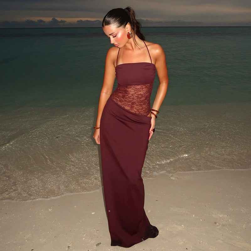 Women’s Lace Corset Maxi Dress | Tie Strap Bodycon Evening Gown
