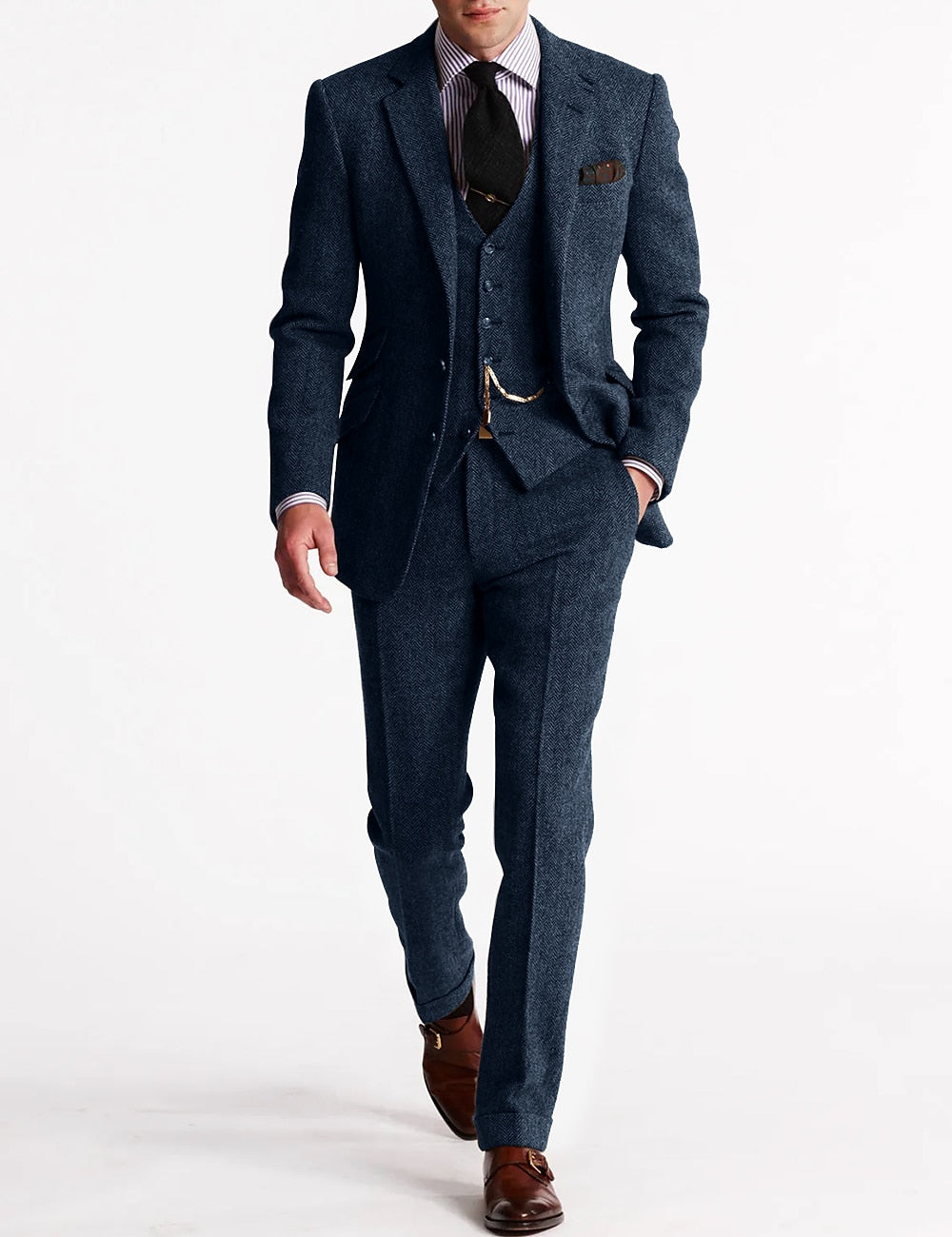 Men's slim fit herringbone three-piece suit with tailored jacket, waistcoat and trousers
