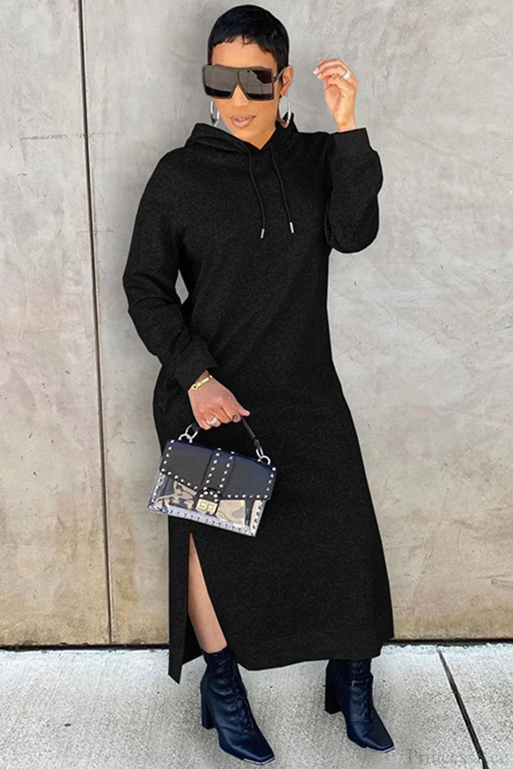 Women's long-sleeved hooded midi dress with side slits