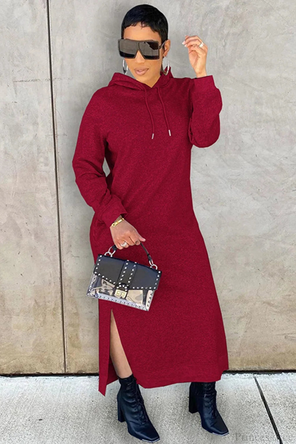 Women's long-sleeved hooded midi dress with side slits