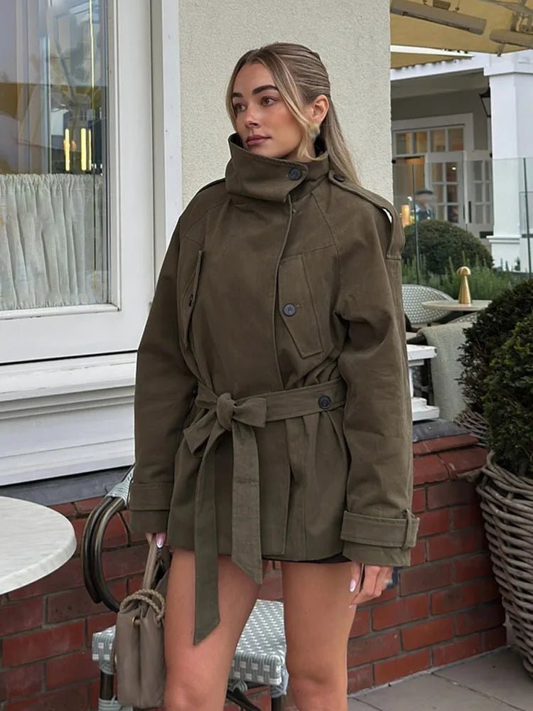 Women's brown high-neck coat with button front, tie belt and long sleeves