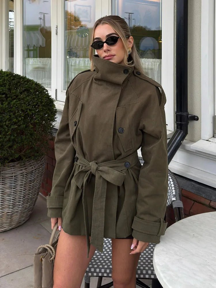Women's brown high-neck coat with button front, tie belt and long sleeves