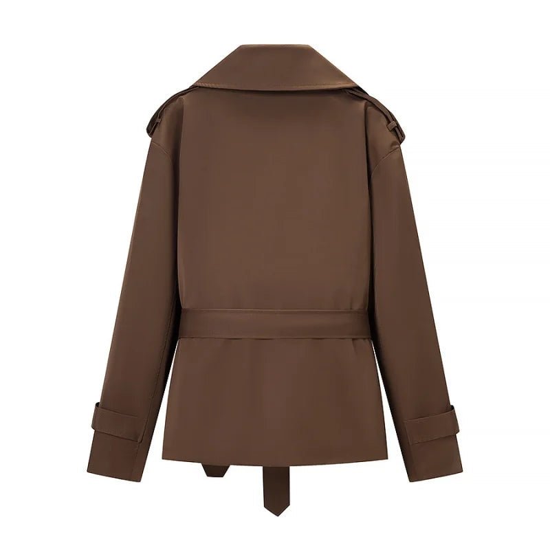 Women's brown cropped trench coat with lapels, tie belt and long sleeves