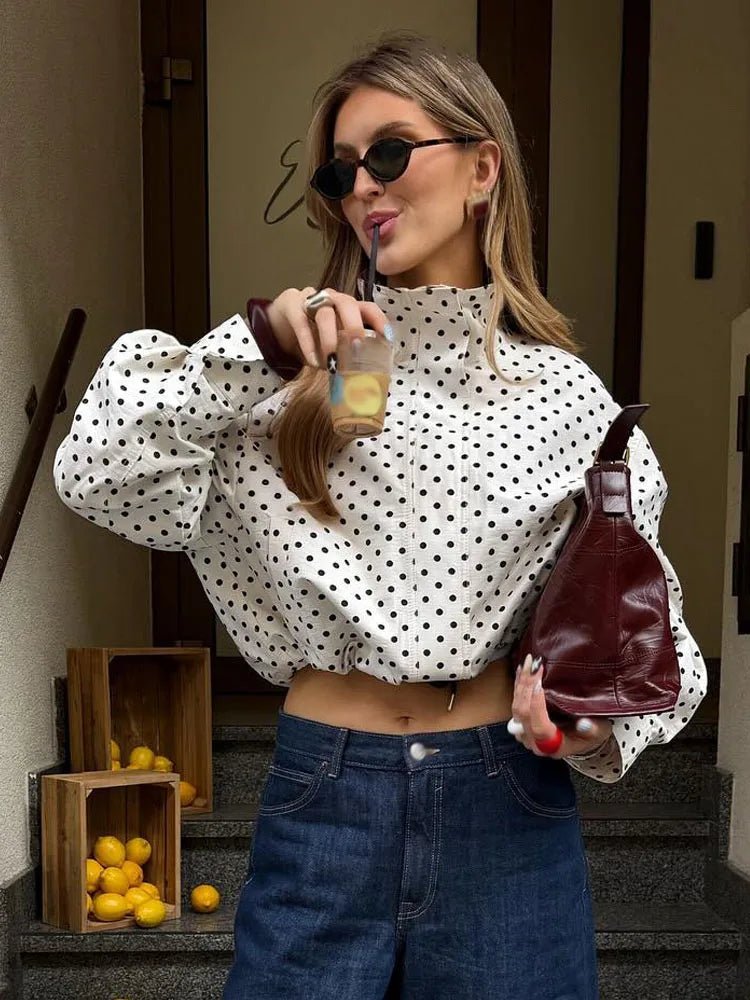 Women's polka dot cropped jacket with high collar and long sleeves