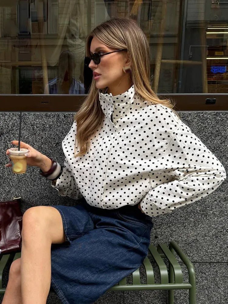 Women's polka dot cropped jacket with high collar and long sleeves