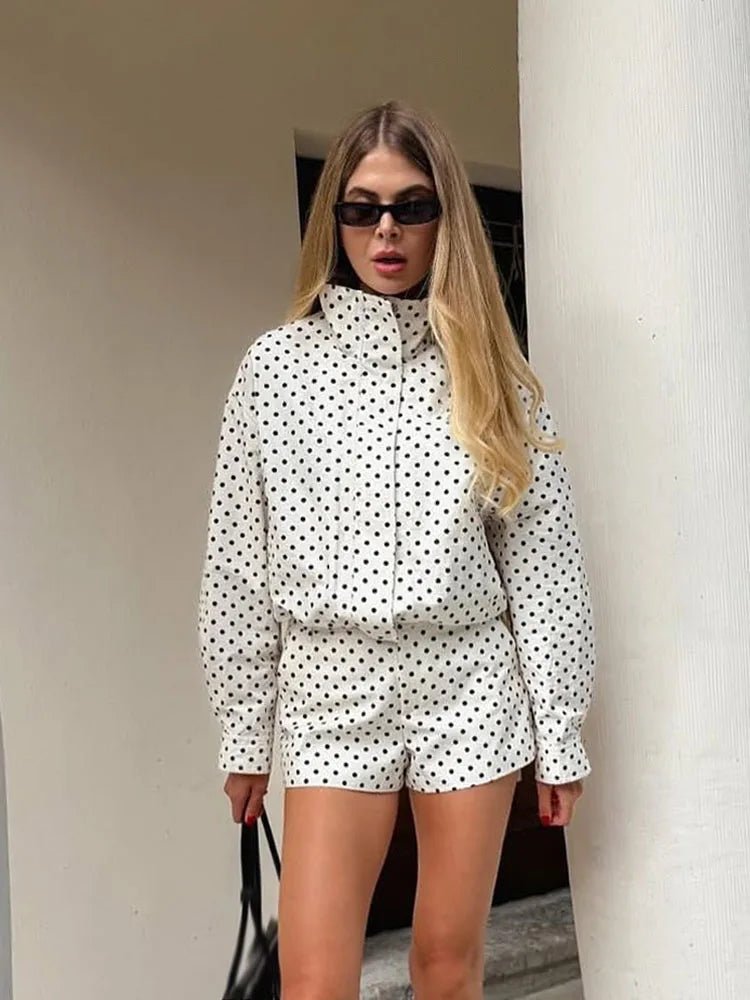 Women's polka dot cropped jacket with high collar and long sleeves